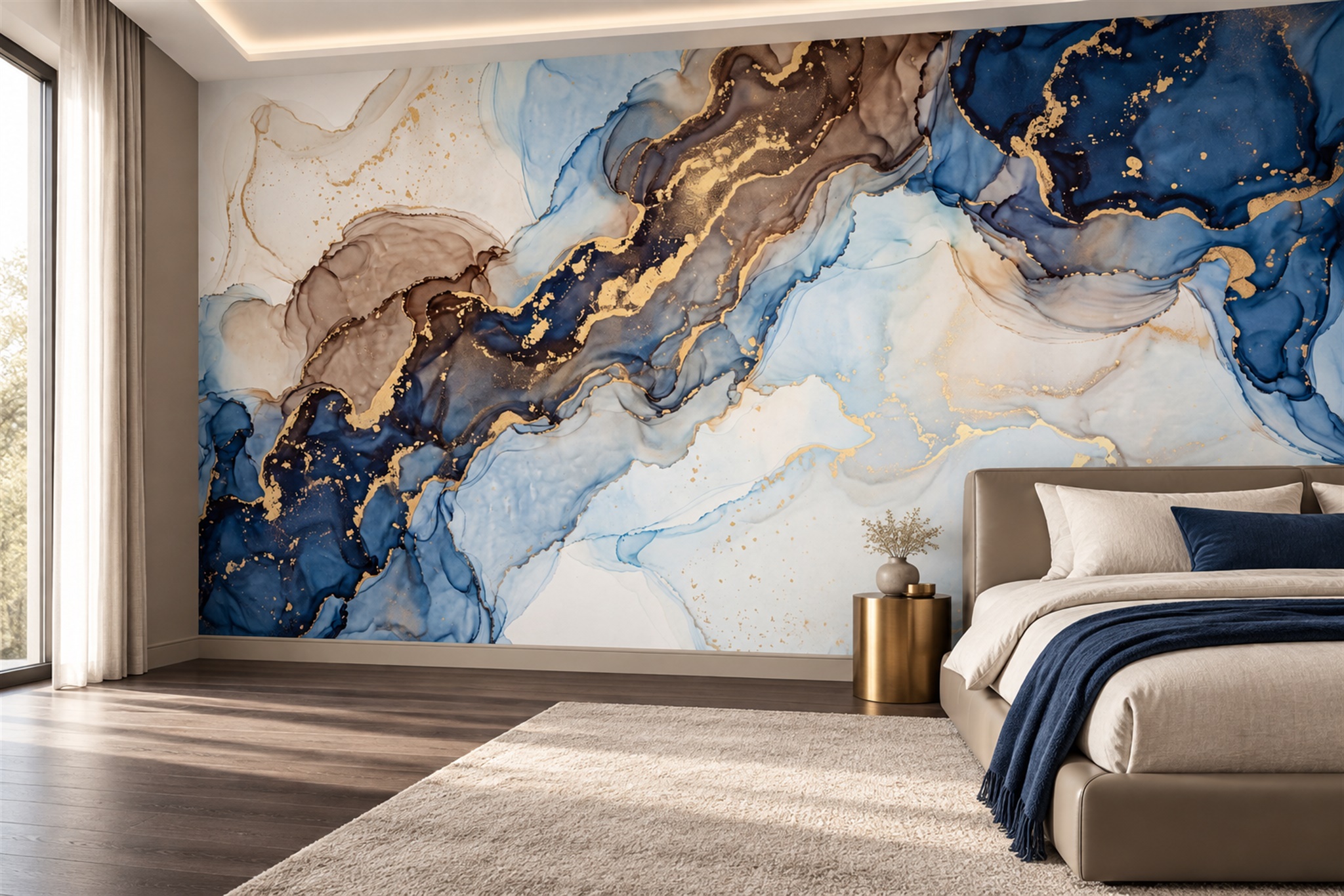 Blue Marble Decorative Painterly Wallpaper Mural Bedroom-wallpaper-murals, Peel-and-stick Finish