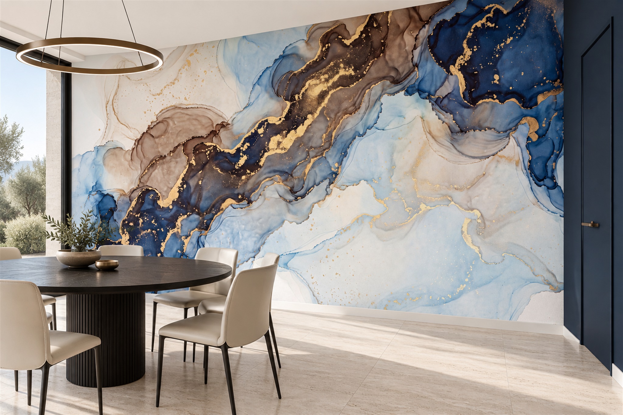 Blue Marble Decorative Painterly Wallpaper Mural Bedroom-wallpaper-murals, Peel-and-stick Finish