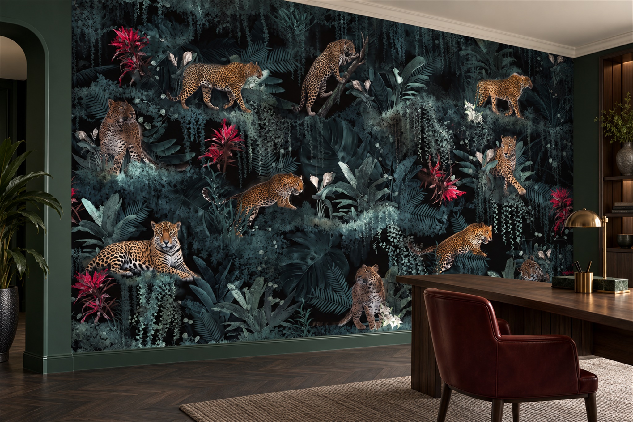 Teal Leopard Wallpaper Mural, Shown In A Home Office, Peel-and-stick Finish