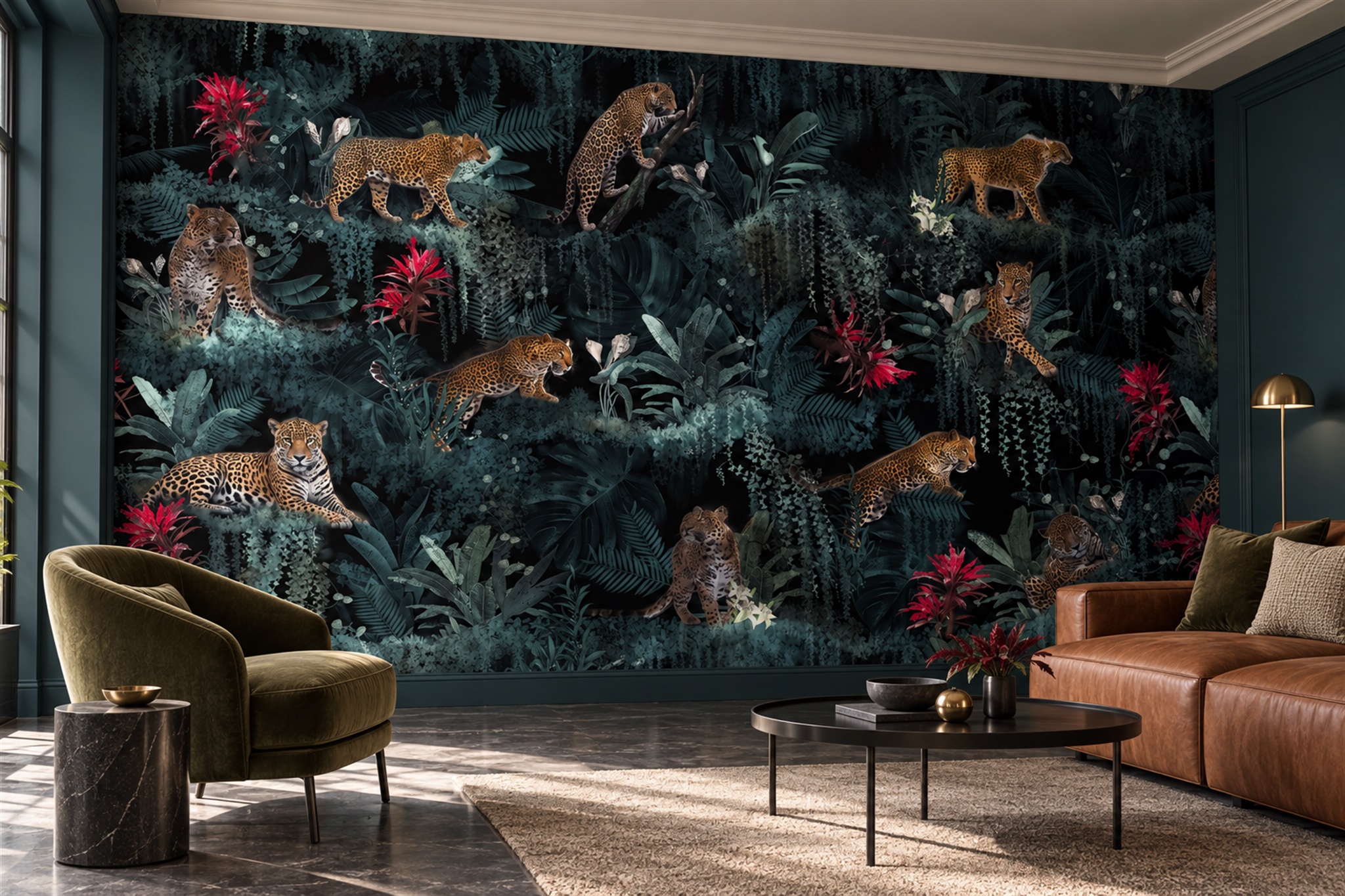Teal Leopard Wallpaper Mural, Peel-and-stick Finish
