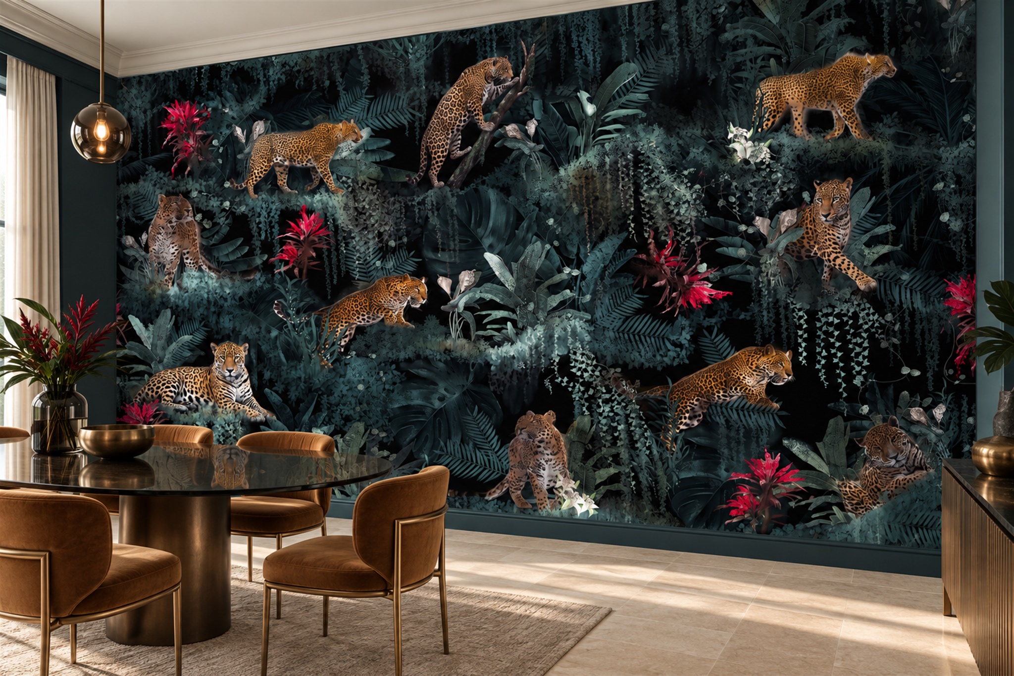 Leopards In A Dark Tropical Jungle Wallpaper Mural — Wallpaper Mural Design, Peel-and-stick Finish