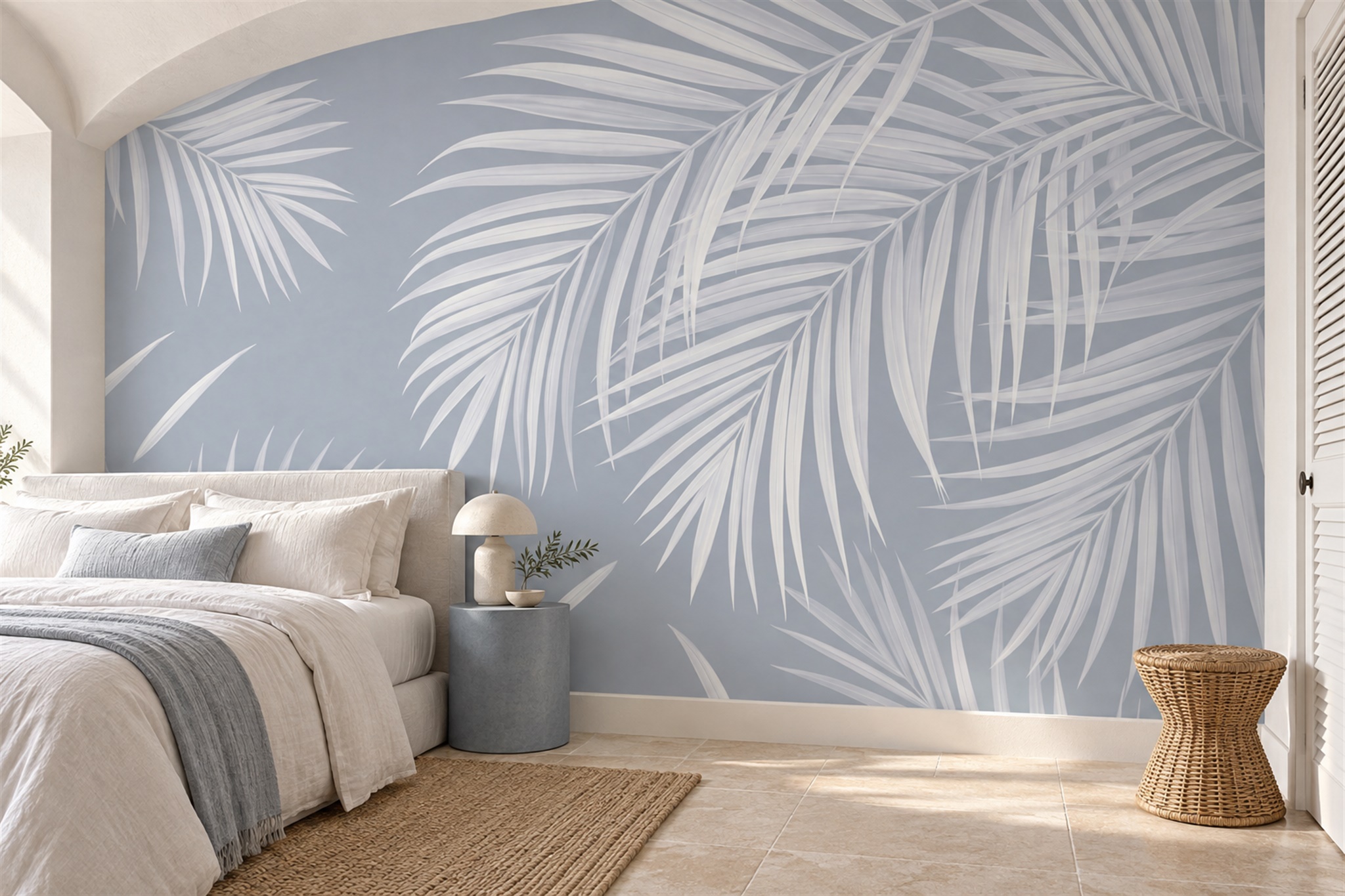 White Palm Frond Silhouettes On Grey Blue Wallpaper Mural — Installed Wallpaper Mural In A Bedroom, Peel-and-stick Finish