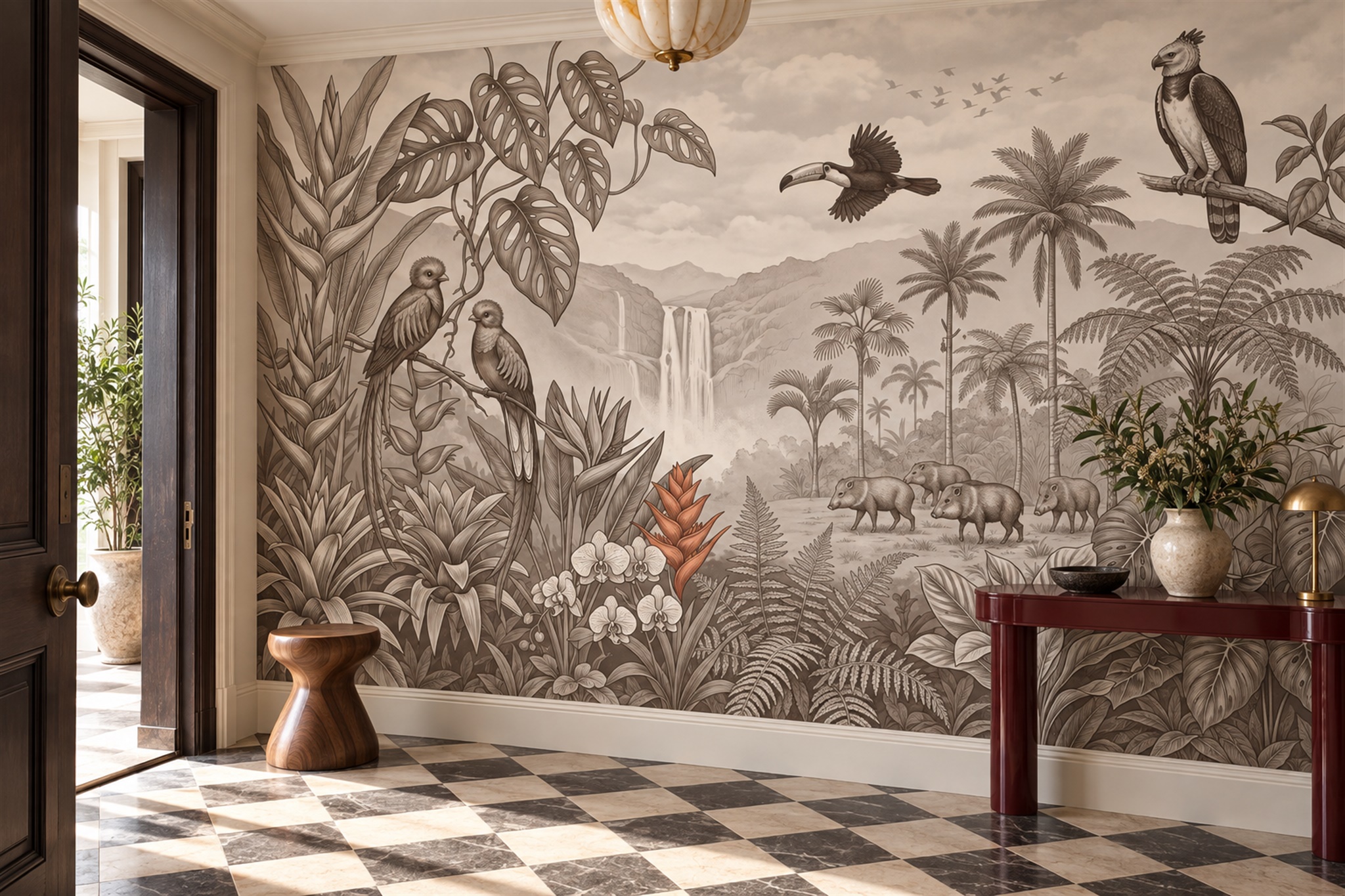 Taupe Jungle Scenic Layered Wallpaper Mural Entryway-wallpaper-murals, Peel-and-stick Finish