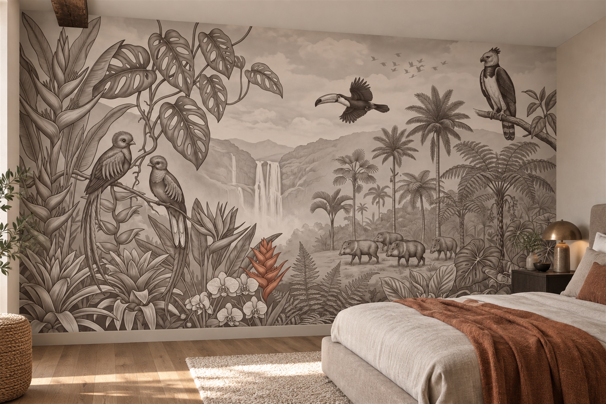 Taupe Jungle Scenic Layered Wallpaper Mural Bedroom-wallpaper-murals, Peel-and-stick Finish