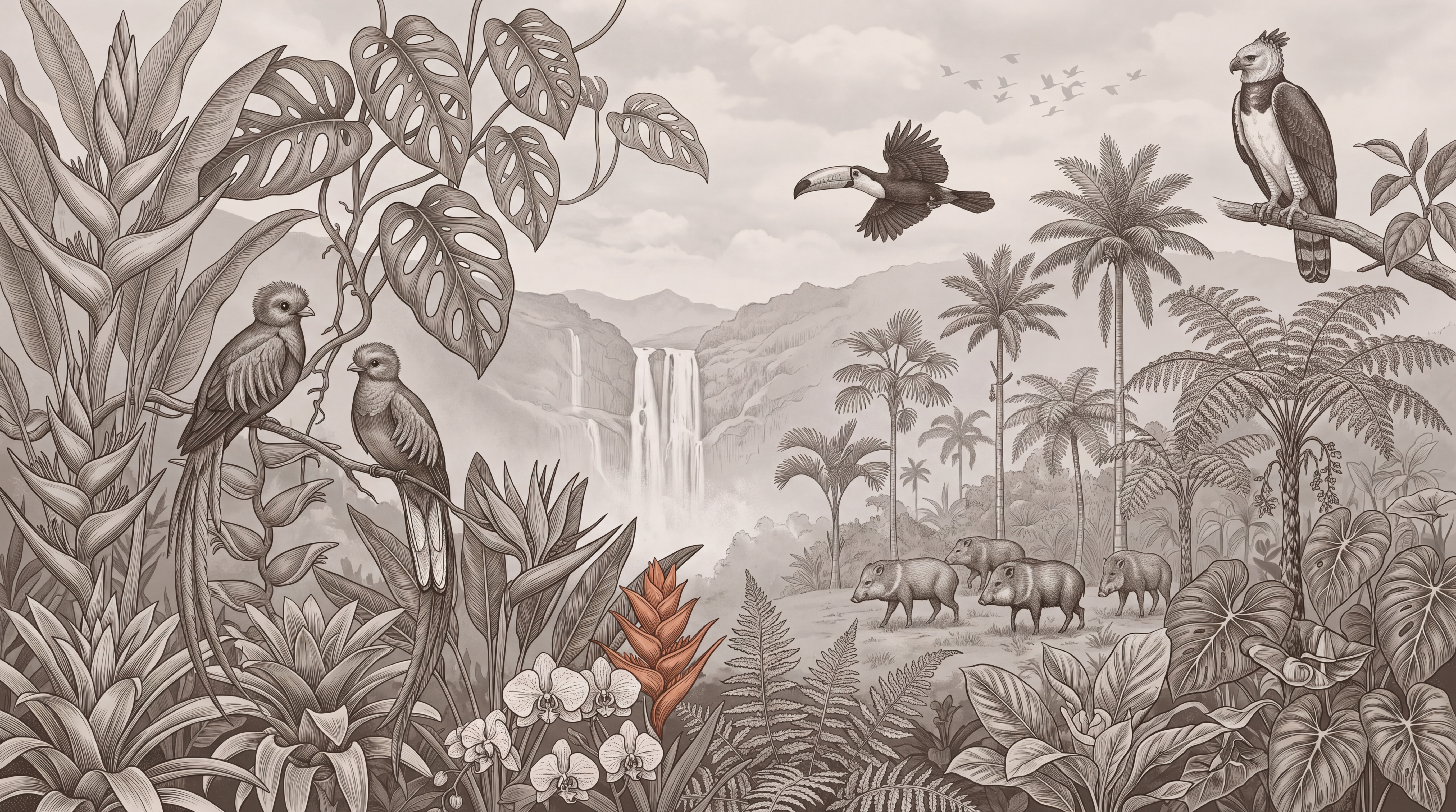 Taupe Jungle Scenic Layered Wallpaper Mural, Peel-and-stick Finish