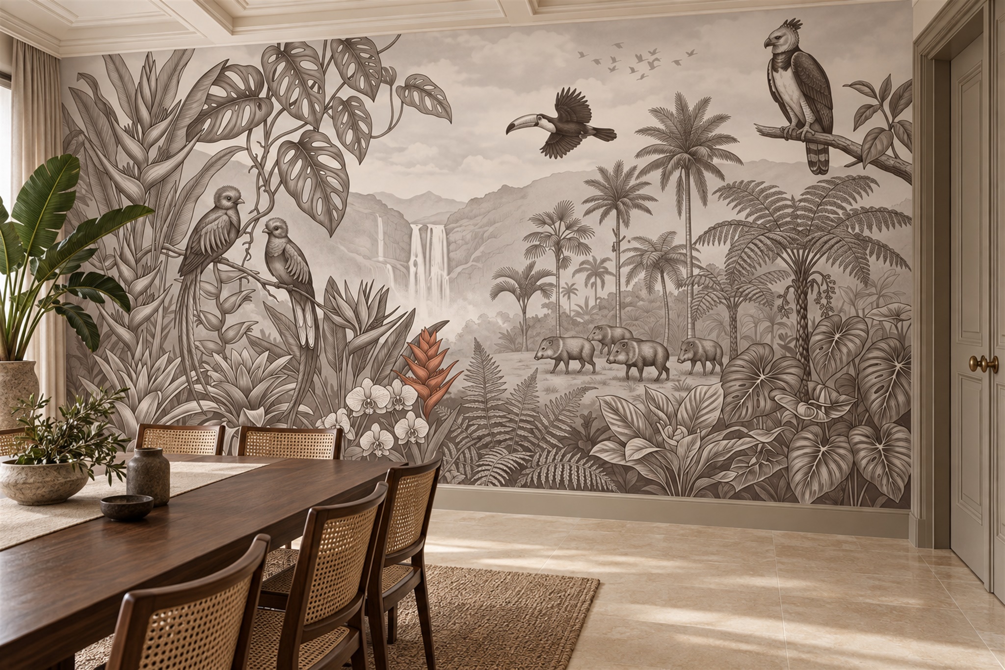 Taupe Tropical Safari Animals Toile Wallpaper Mural — Wallpaper Mural Design, Peel-and-stick Finish