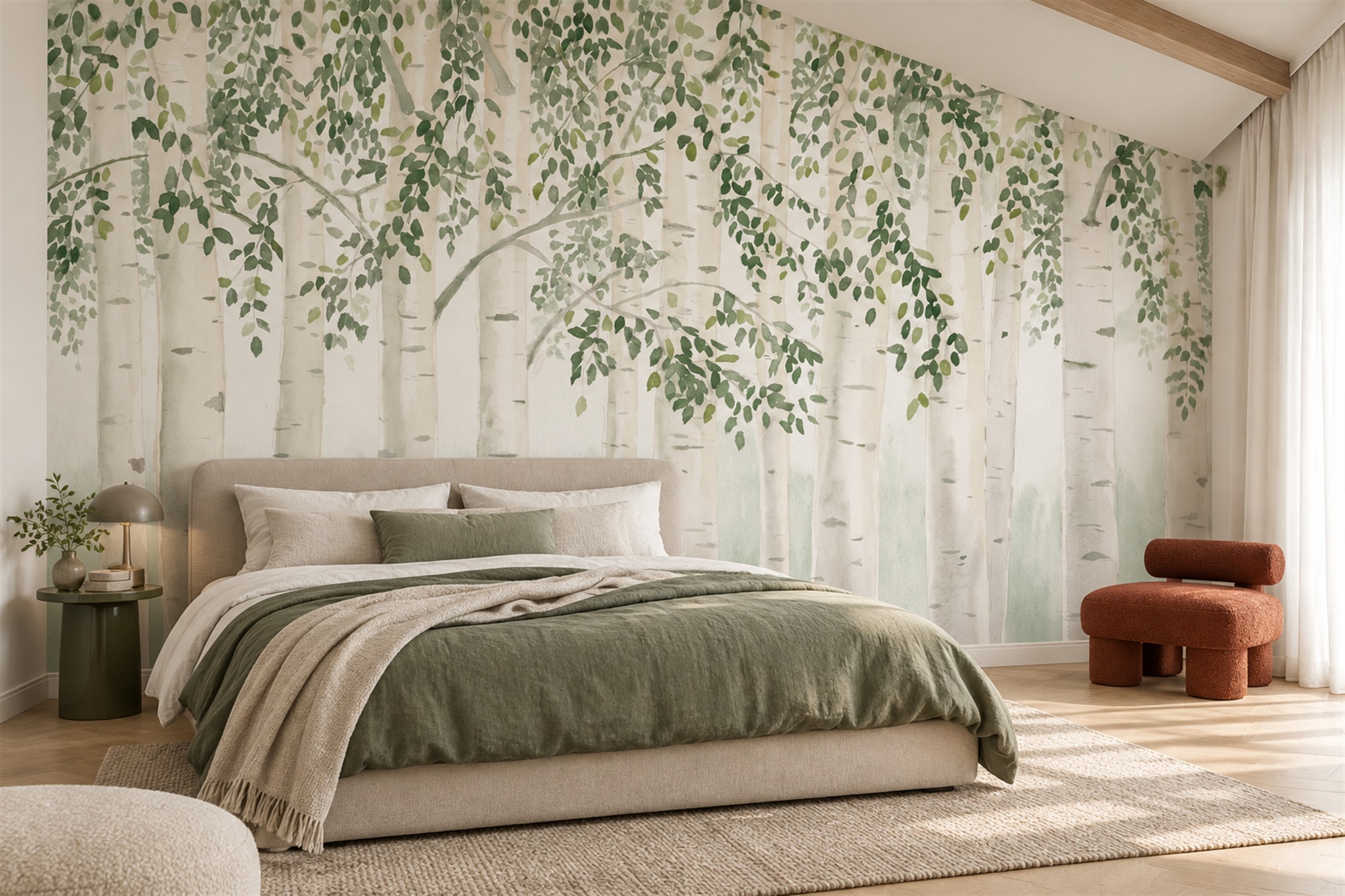 Green Birch Scenic Layered Wallpaper Mural Bedroom-wallpaper-murals, Peel-and-stick Finish