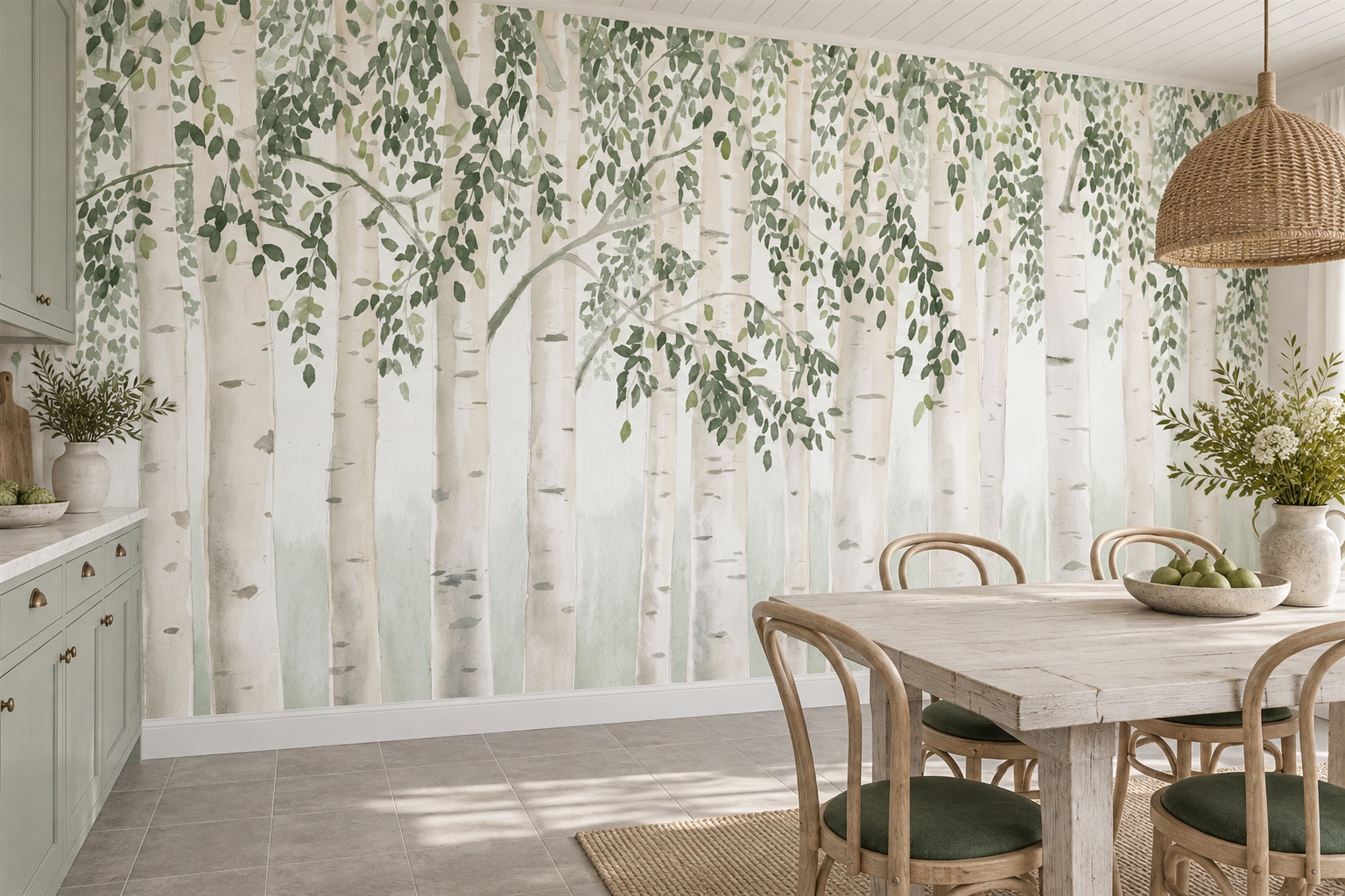 Green Birch Scenic Layered Wallpaper Mural Dining-room-wallpaper-murals, Peel-and-stick Finish