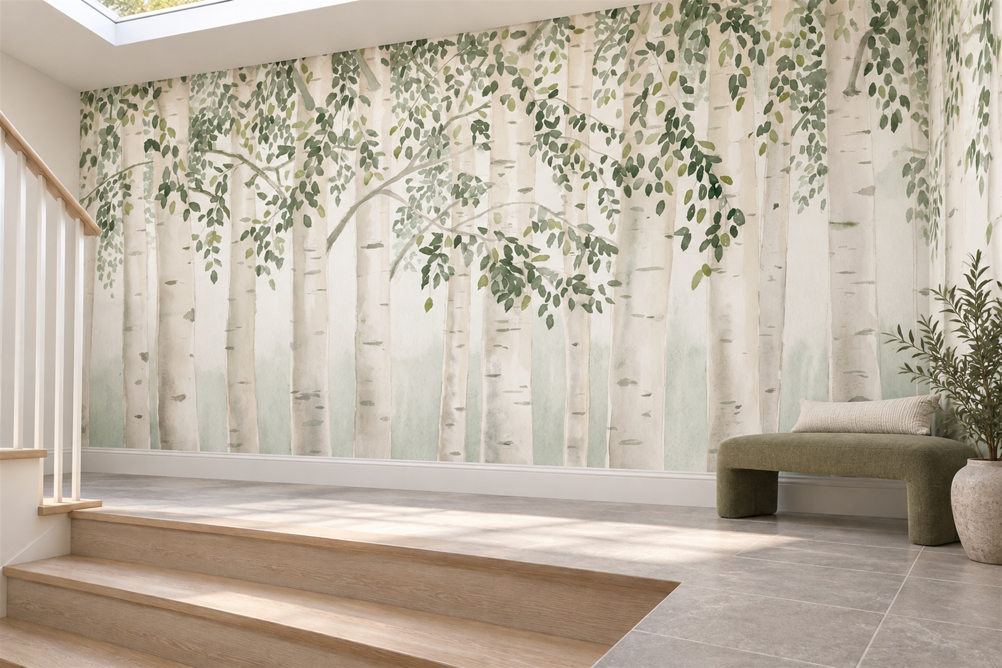 Green Birch Scenic Layered Wallpaper Mural Dining-room-wallpaper-murals, Peel-and-stick Finish