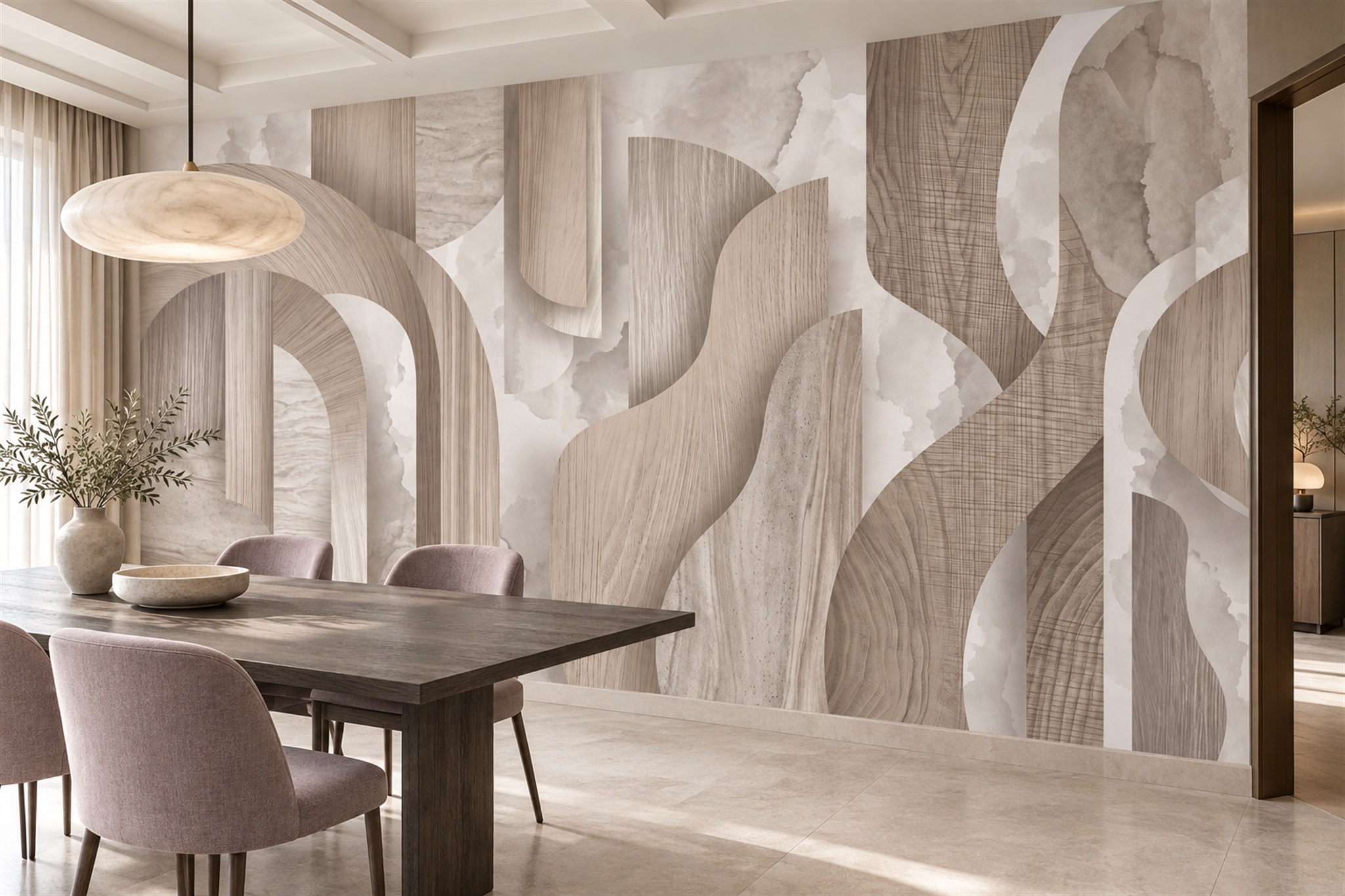 Beige Arched Abstract Wallpaper Mural Dining-room-wallpaper-murals, Shown In A Dining Room, Peel-and-stick Finish