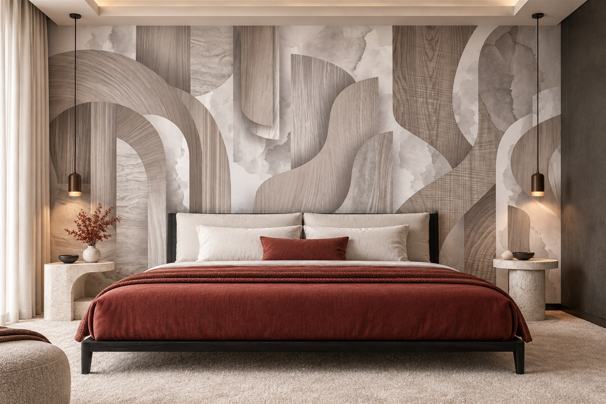 Beige Arched Abstract Wallpaper Mural Bedroom-wallpaper-murals, Peel-and-stick Finish