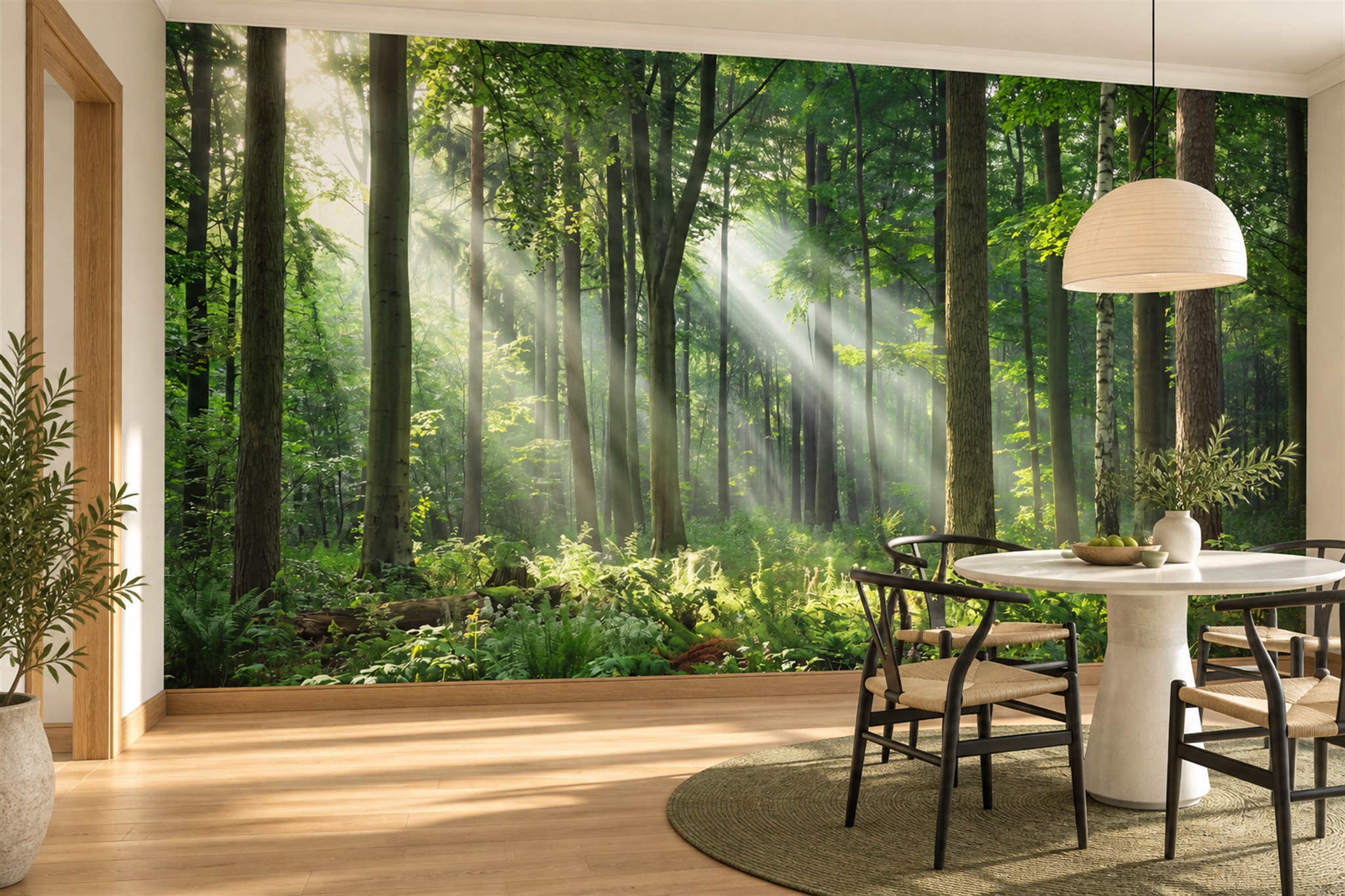Green Forest Scenic Organic Wallpaper Mural Dining-room-wallpaper-murals, Shown In A Dining Room, Peel-and-stick Finish