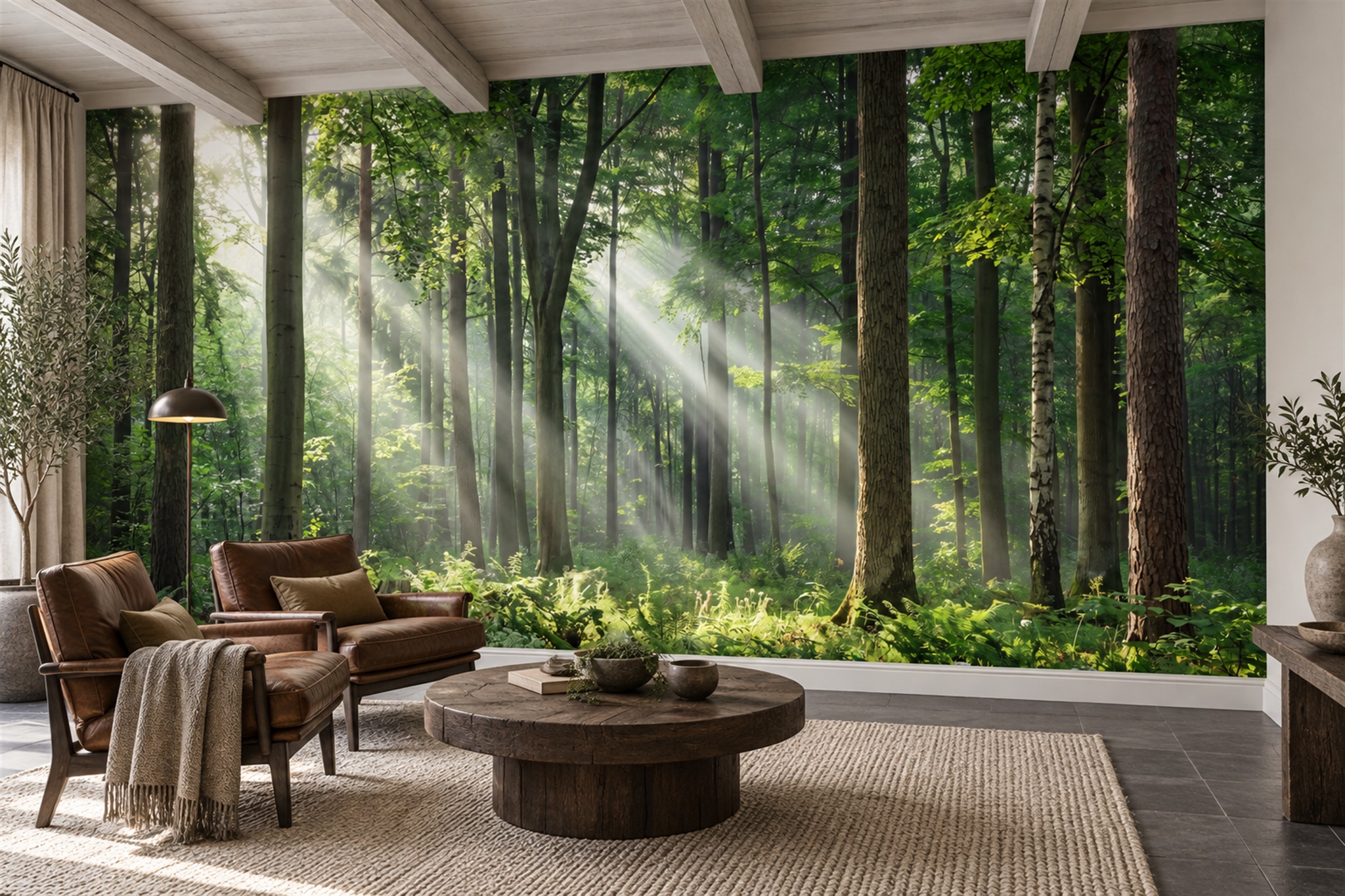 Green Forest Sunbeams Wallpaper Mural — Wallpaper Mural Design, Peel-and-stick Finish