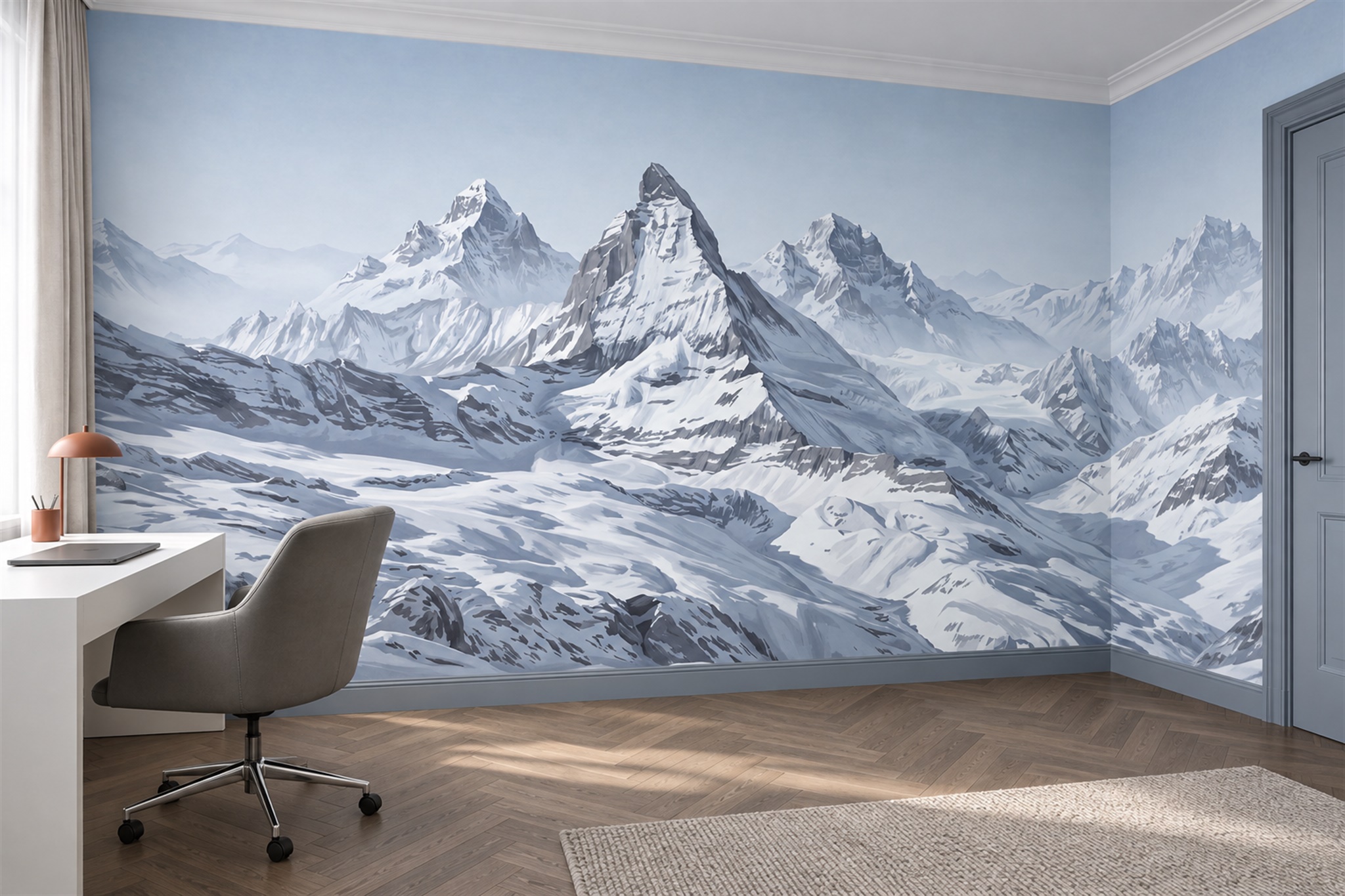 Blue Alpine Scenic Layered Wallpaper Mural Home-office-wallpaper-murals, Shown In A Home Office, Peel-and-stick Finish