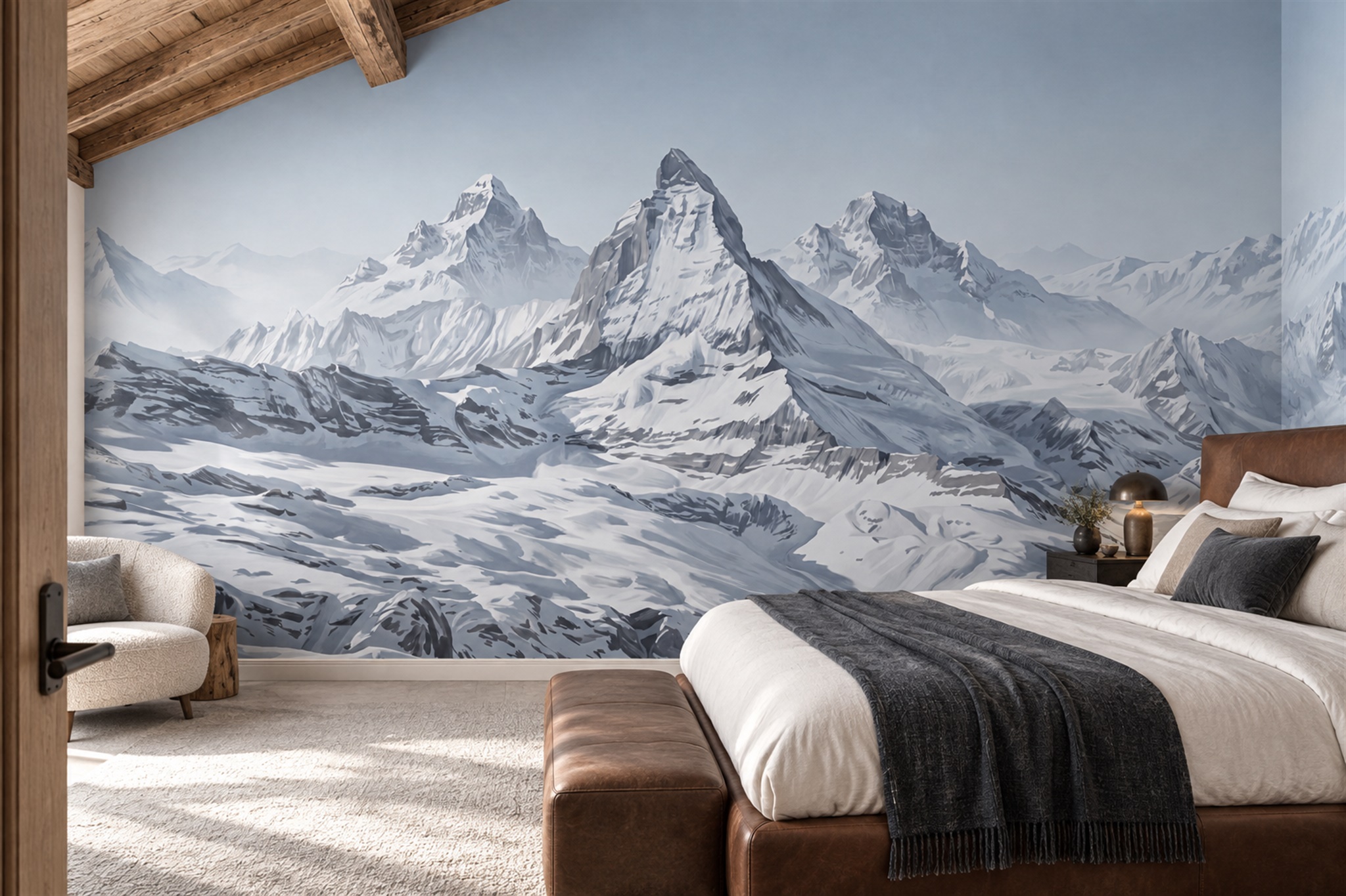 Blue Alpine Scenic Layered Wallpaper Mural Living-room-wallpaper-murals, Peel-and-stick Finish