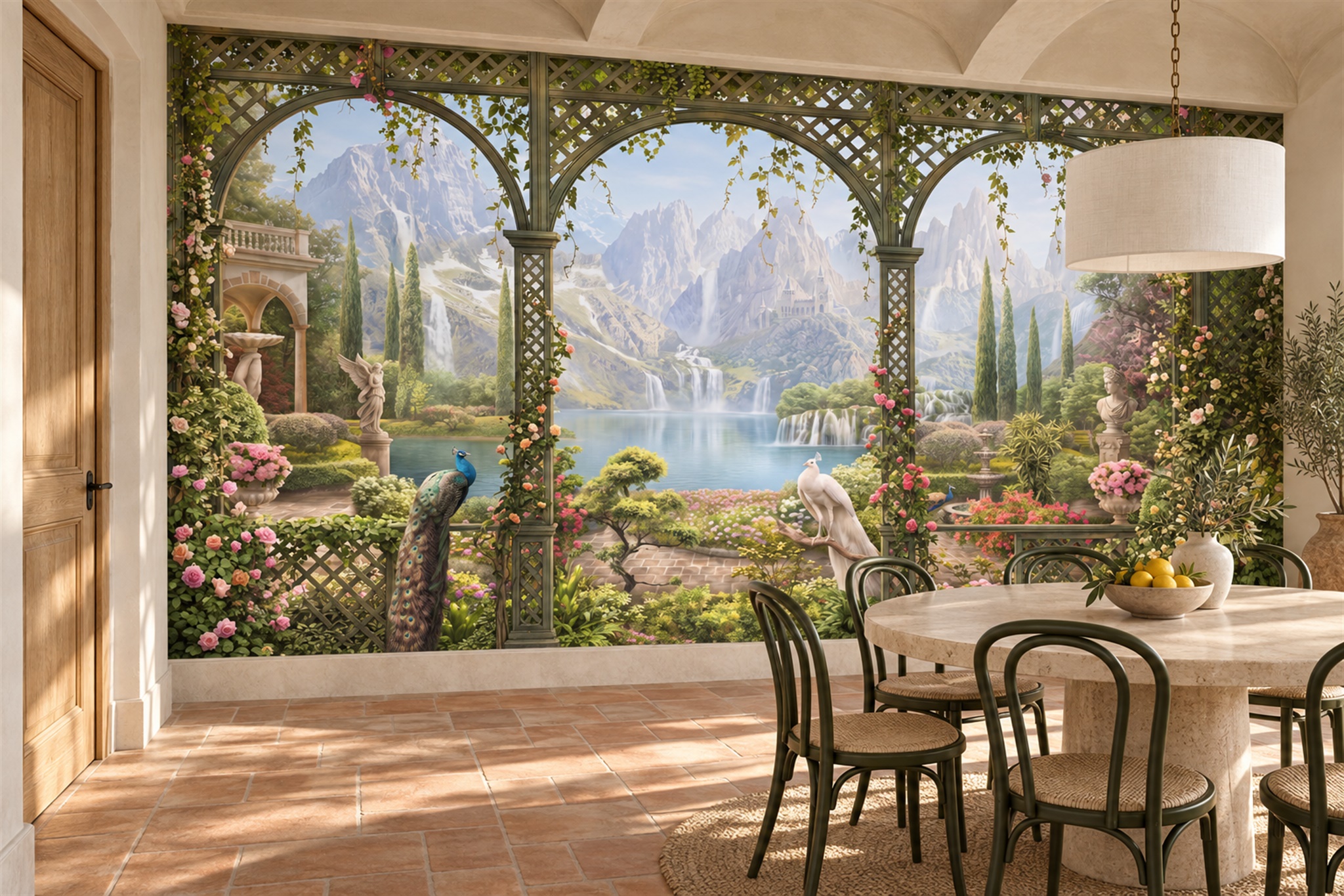 Green Garden Scenic Painterly Wallpaper Mural Dining-room-wallpaper-murals, Peel-and-stick Finish