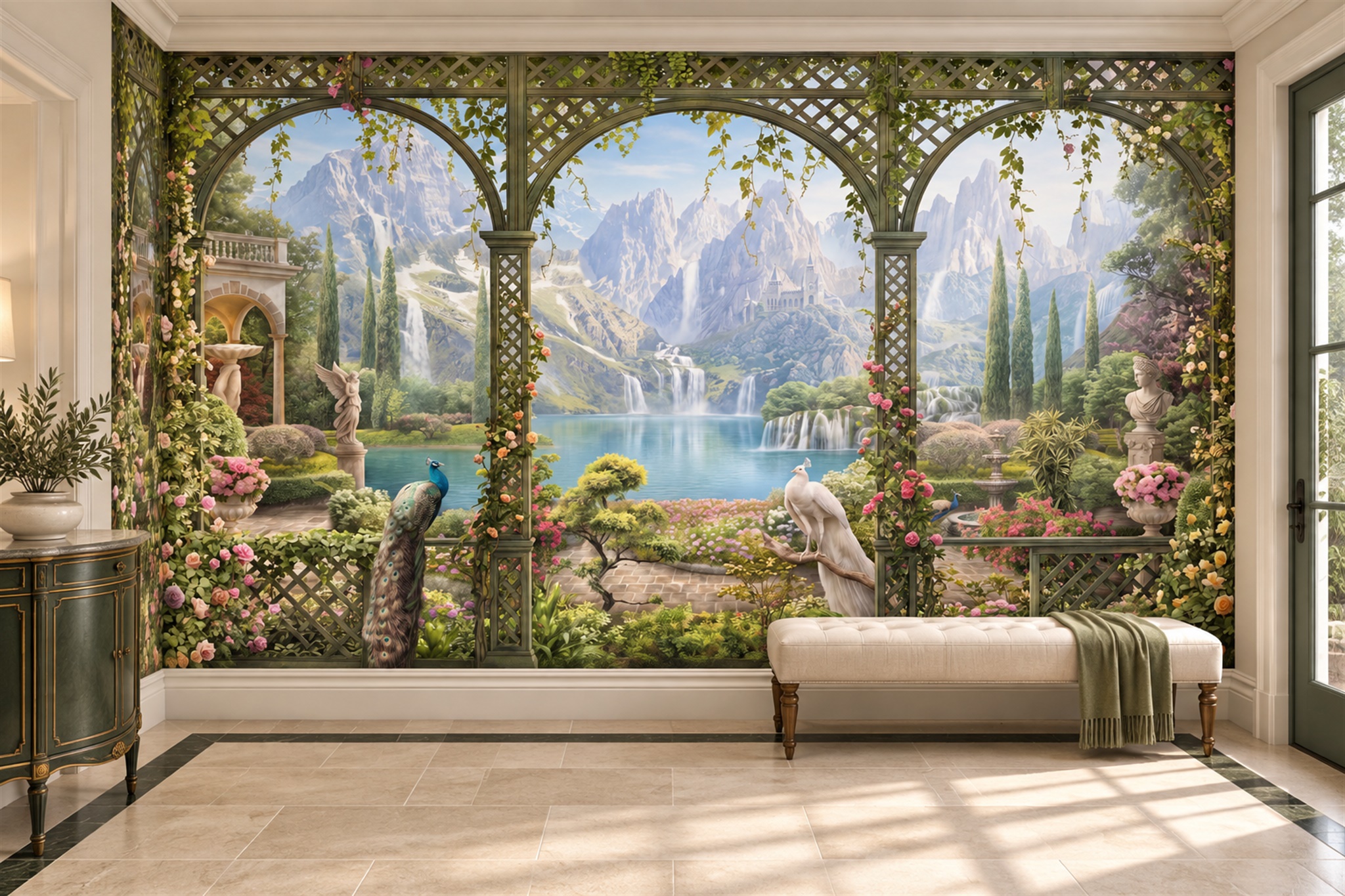 Green Garden Scenic Painterly Wallpaper Mural Entryway-wallpaper-murals, Peel-and-stick Finish
