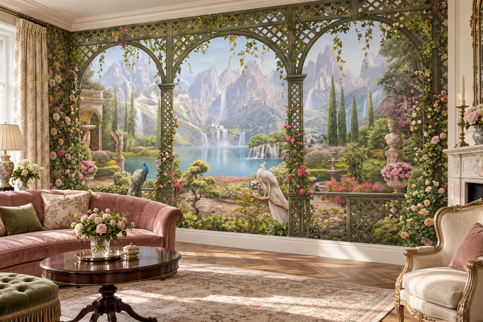 Green Garden Scenic Painterly Wallpaper Mural Accent-wall-wallpaper-murals, Peel-and-stick Finish