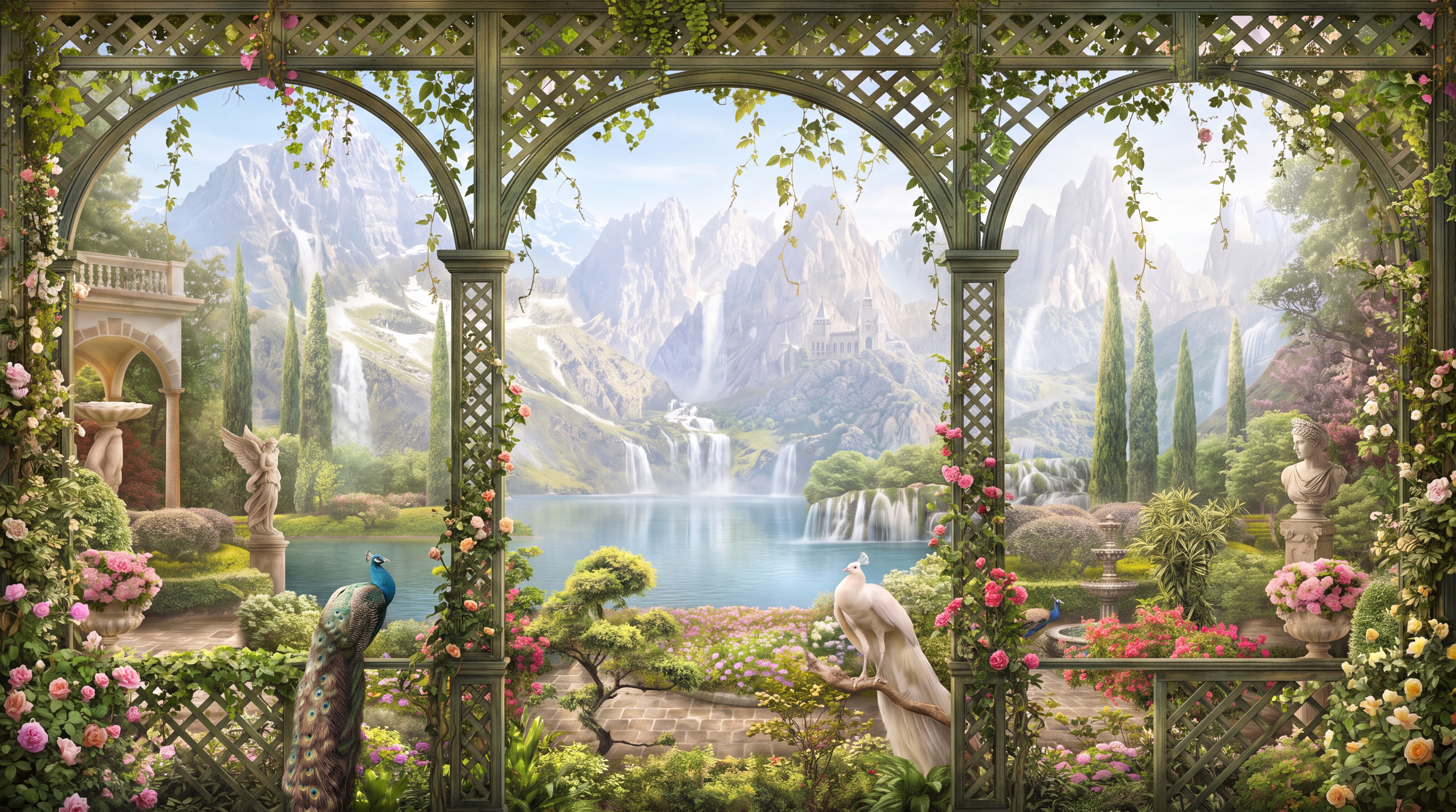 Green Garden Scenic Painterly Wallpaper Mural Accent-wall-wallpaper-murals, Peel-and-stick Finish