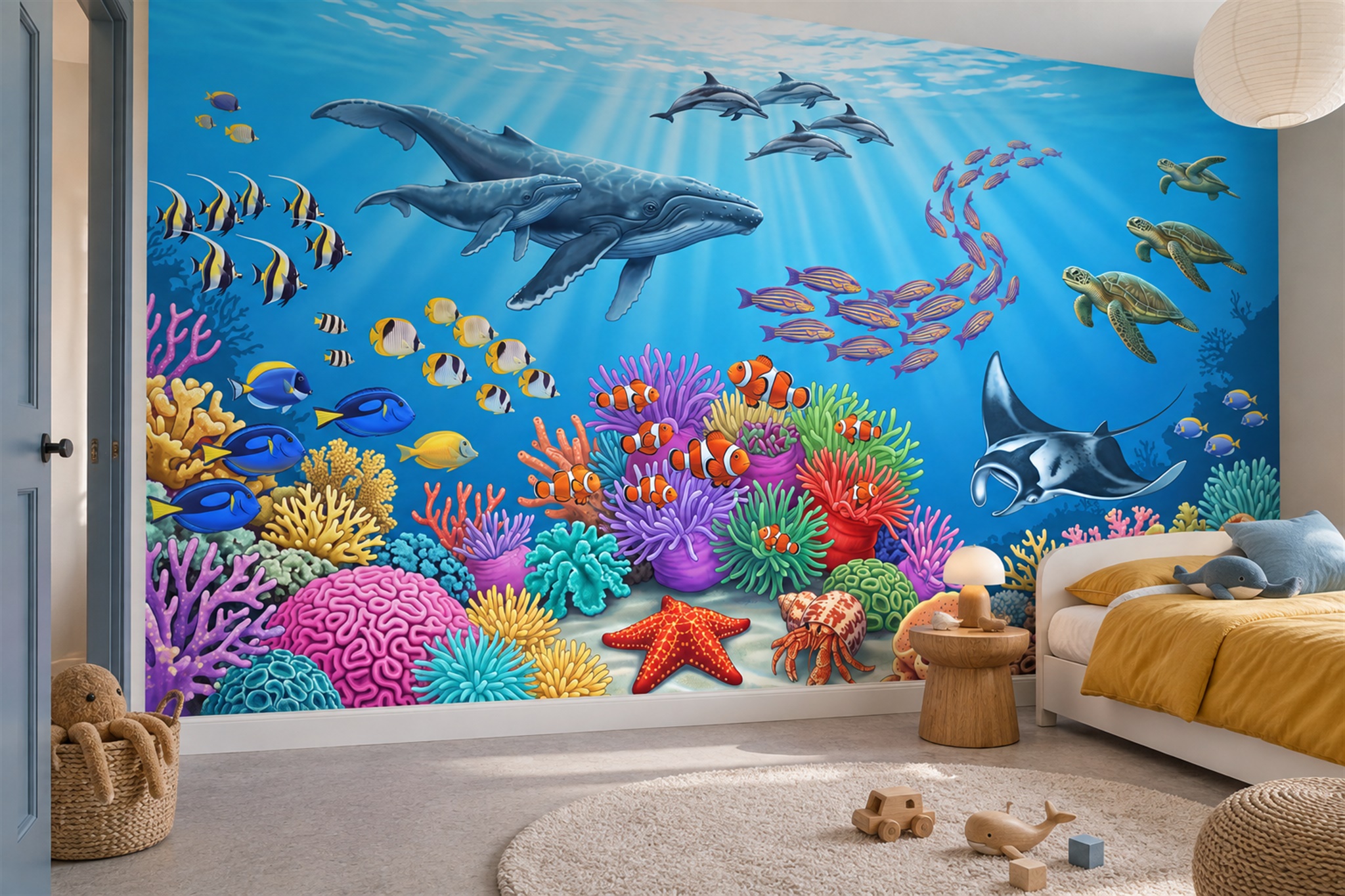 Blue Ocean Scenic Layered Wallpaper Mural Kids-room-wallpaper-murals, Peel-and-stick Finish