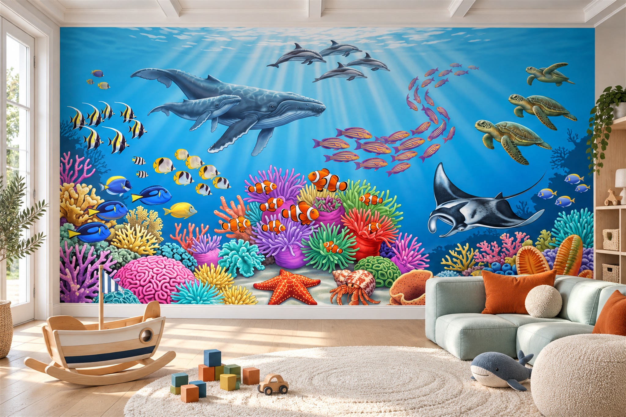 Blue Ocean Scenic Layered Wallpaper Mural Feature-wall-wallpaper-murals, Peel-and-stick Finish
