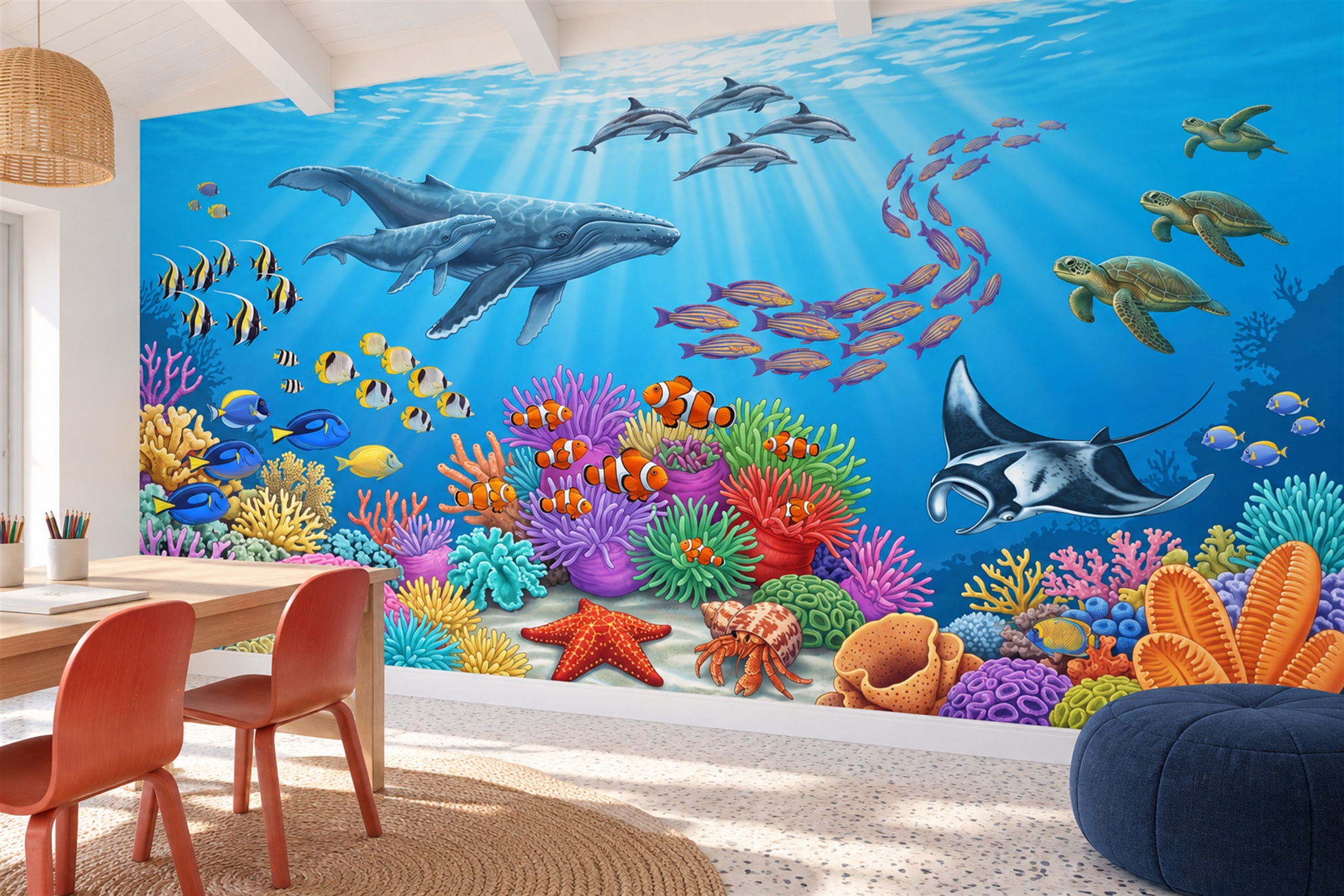 Blue Ocean Scenic Layered Wallpaper Mural Feature-wall-wallpaper-murals, Peel-and-stick Finish