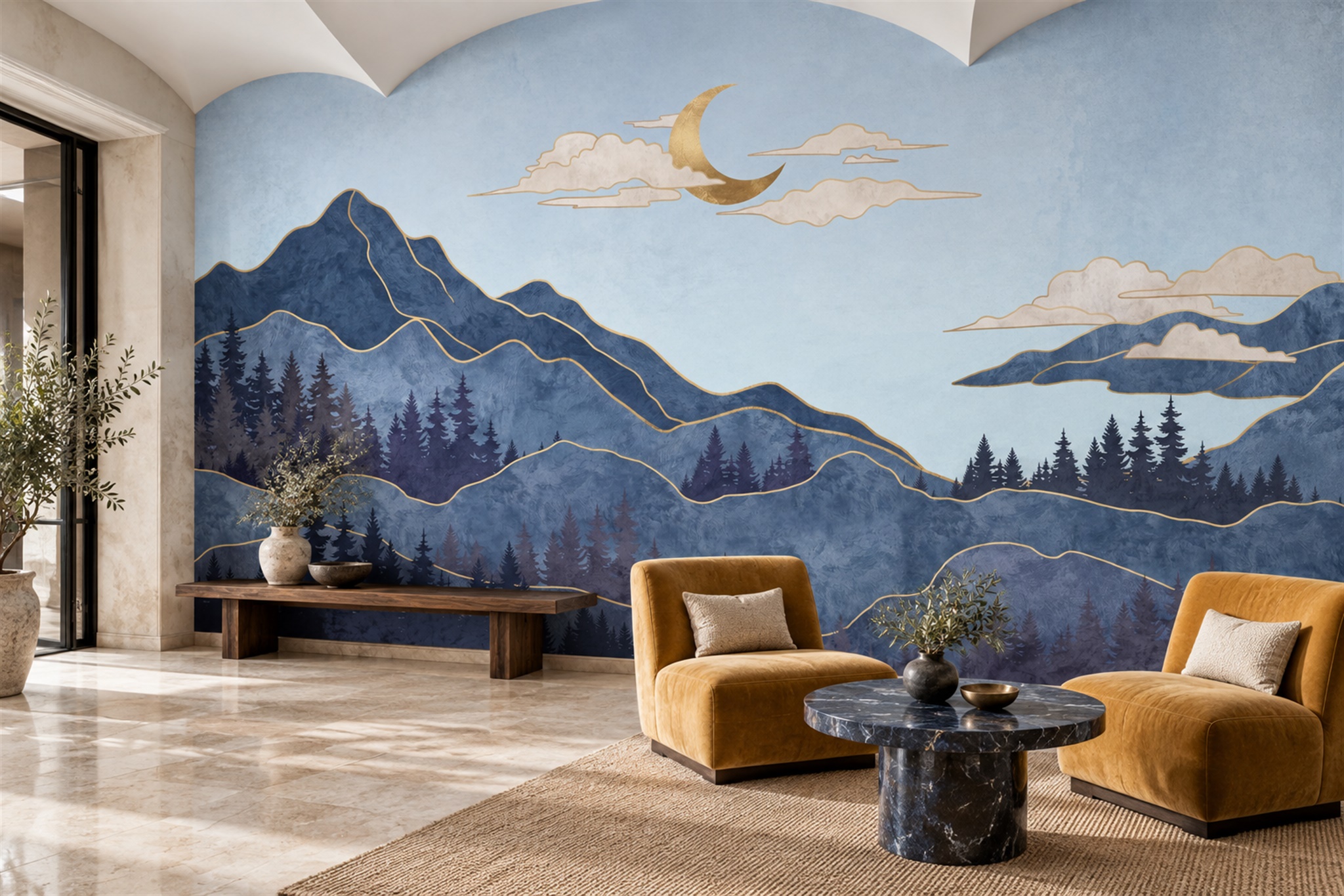 Navy Blue Mountains, Crescent Moon And Pine Forest Wallpaper Mural — Wallpaper Mural Design, Peel-and-stick Finish