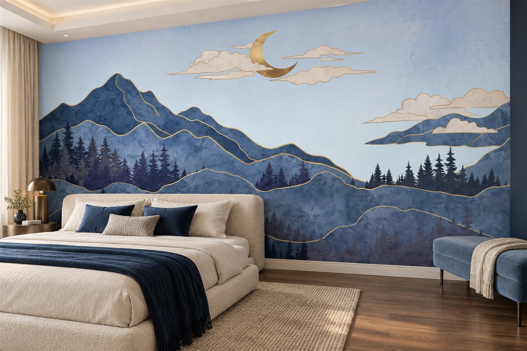 Navy Mountain Scenic Wallpaper Mural Bedroom-wallpaper-murals, Peel-and-stick Finish