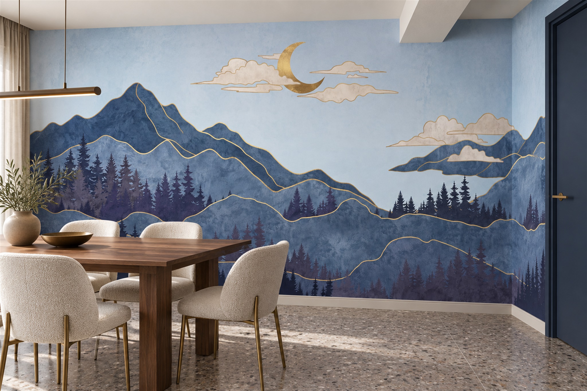 Navy Mountain Scenic Wallpaper Mural Accent-wall-wallpaper-murals, Peel-and-stick Finish