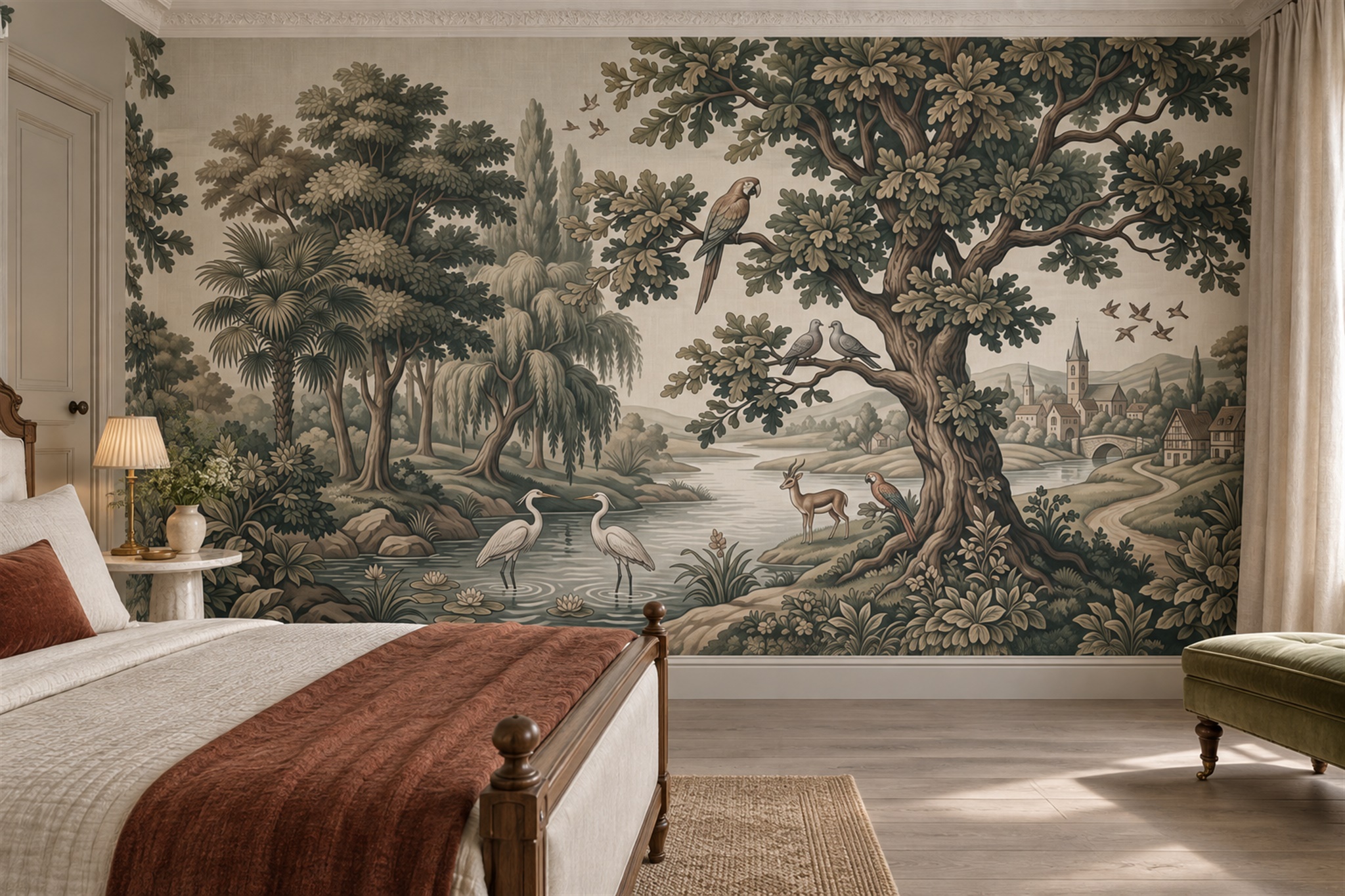 Olive Woodland Scenic Wallpaper Mural Bedroom-wallpaper-murals, Peel-and-stick Finish