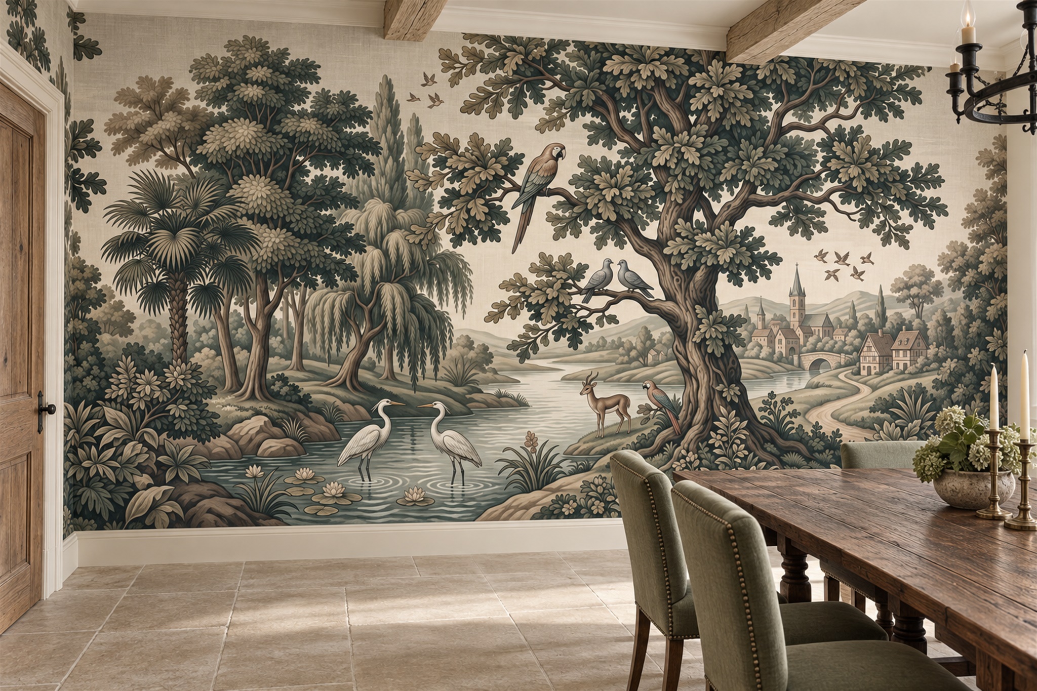 Oak Tree, Herons And Riverside Village Wallpaper Mural — Wallpaper Mural Design, Peel-and-stick Finish