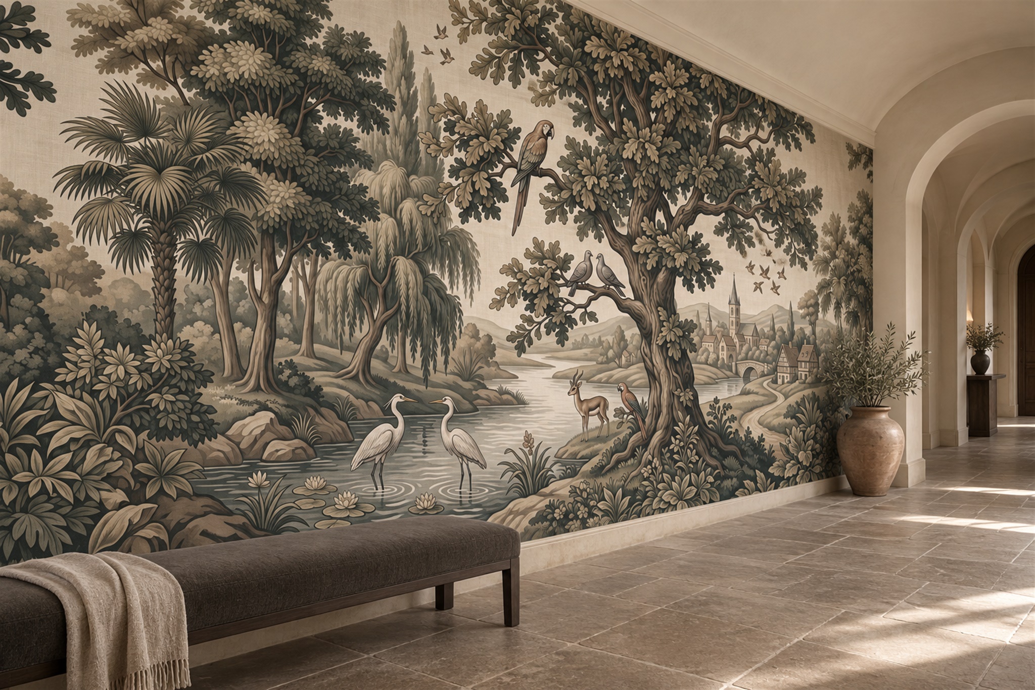 Olive Woodland Scenic Wallpaper Mural Dining-room-wallpaper-murals, Peel-and-stick Finish