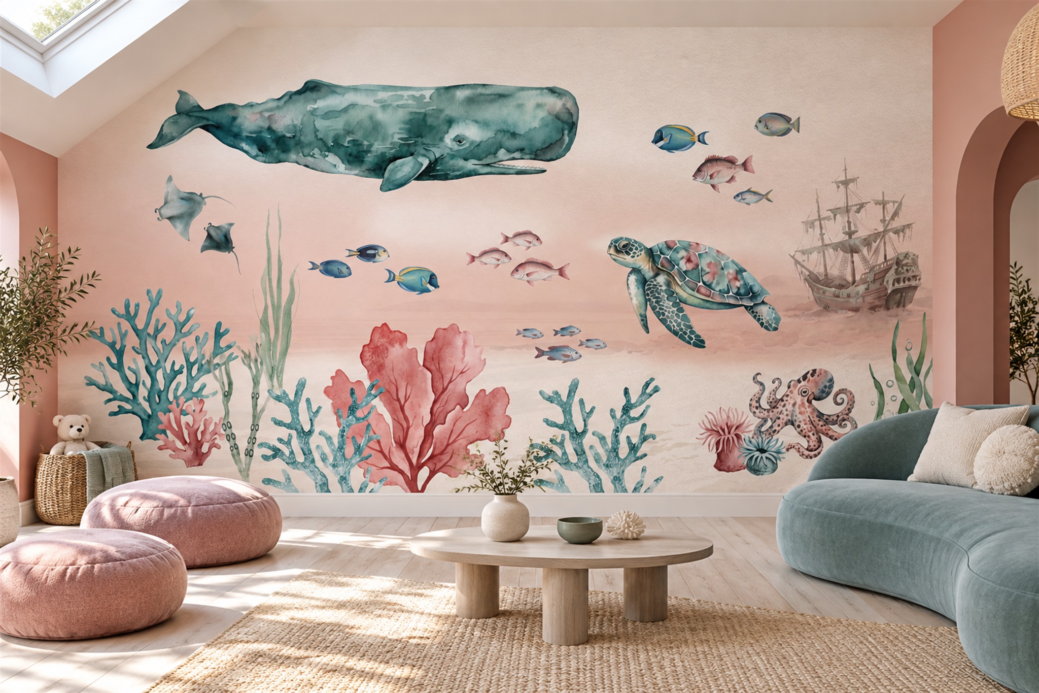 Whale, Sea Turtles And Shipwreck Watercolour Wallpaper Mural — Wallpaper Mural Design, Peel-and-stick Finish