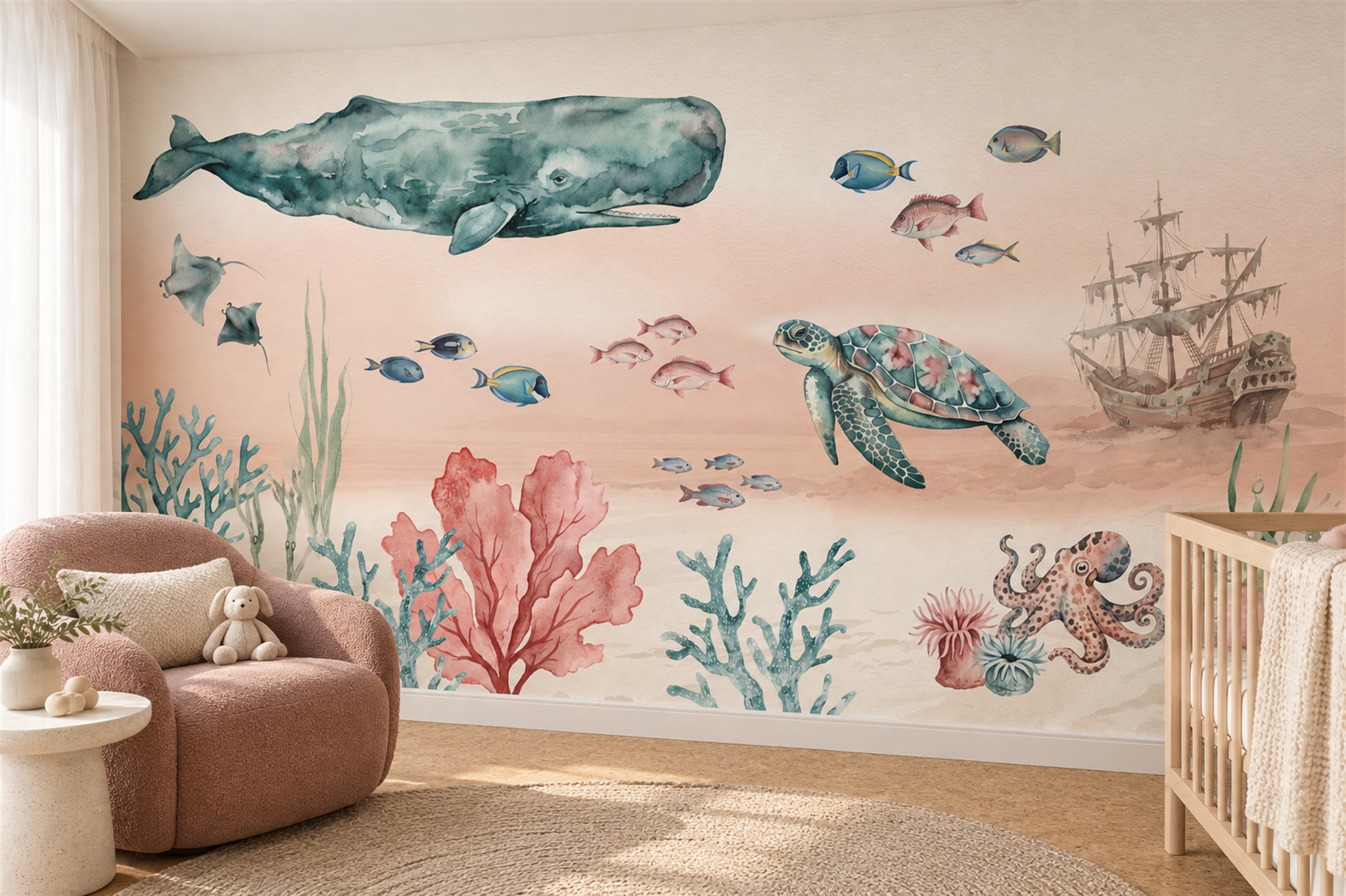 Peach Pattern Decorative Illustrated Wallpaper Mural Nursery-wallpaper-murals, Peel-and-stick Finish