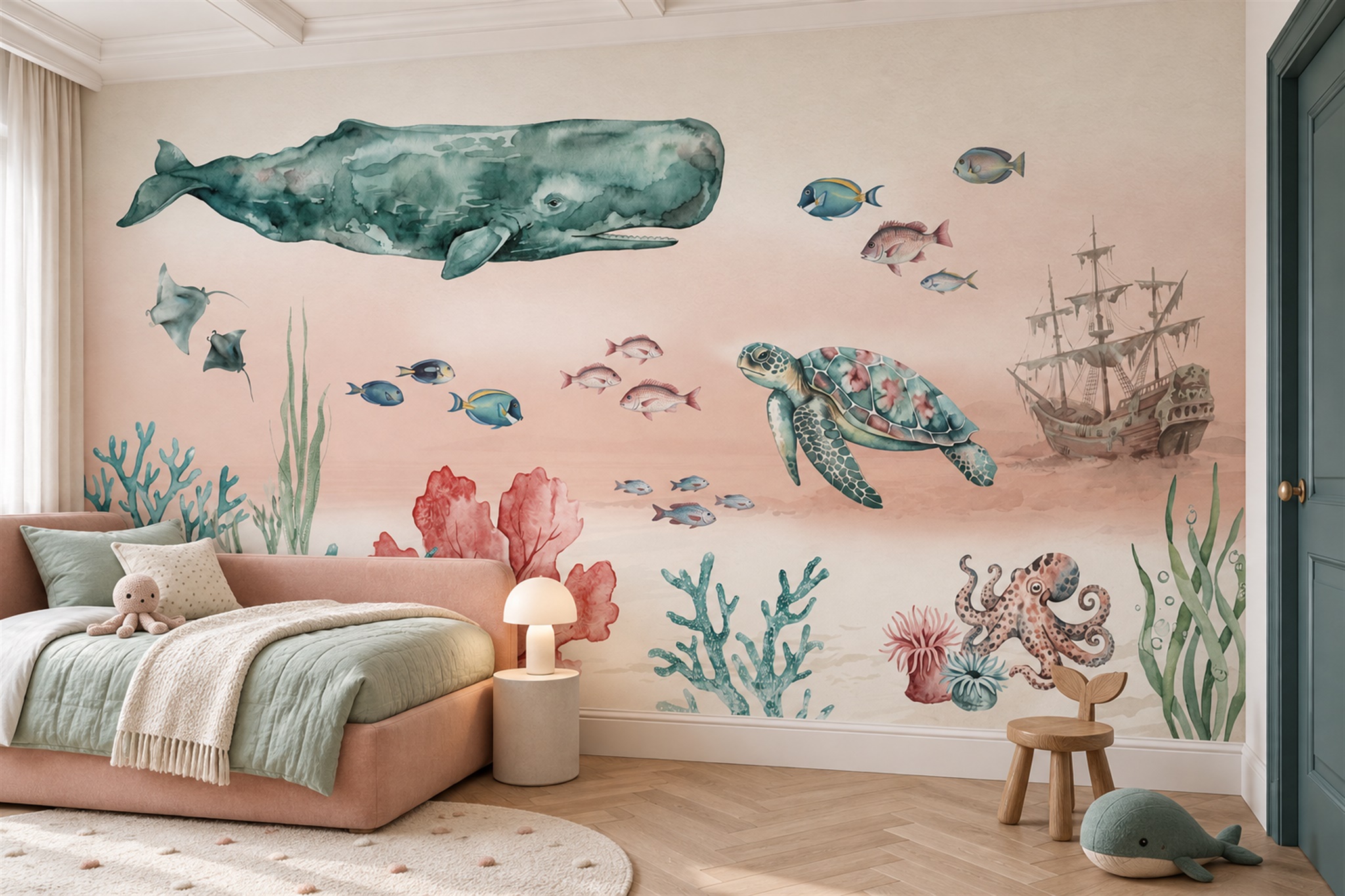 Peach Pattern Decorative Illustrated Wallpaper Mural Accent-wall-wallpaper-murals, Peel-and-stick Finish