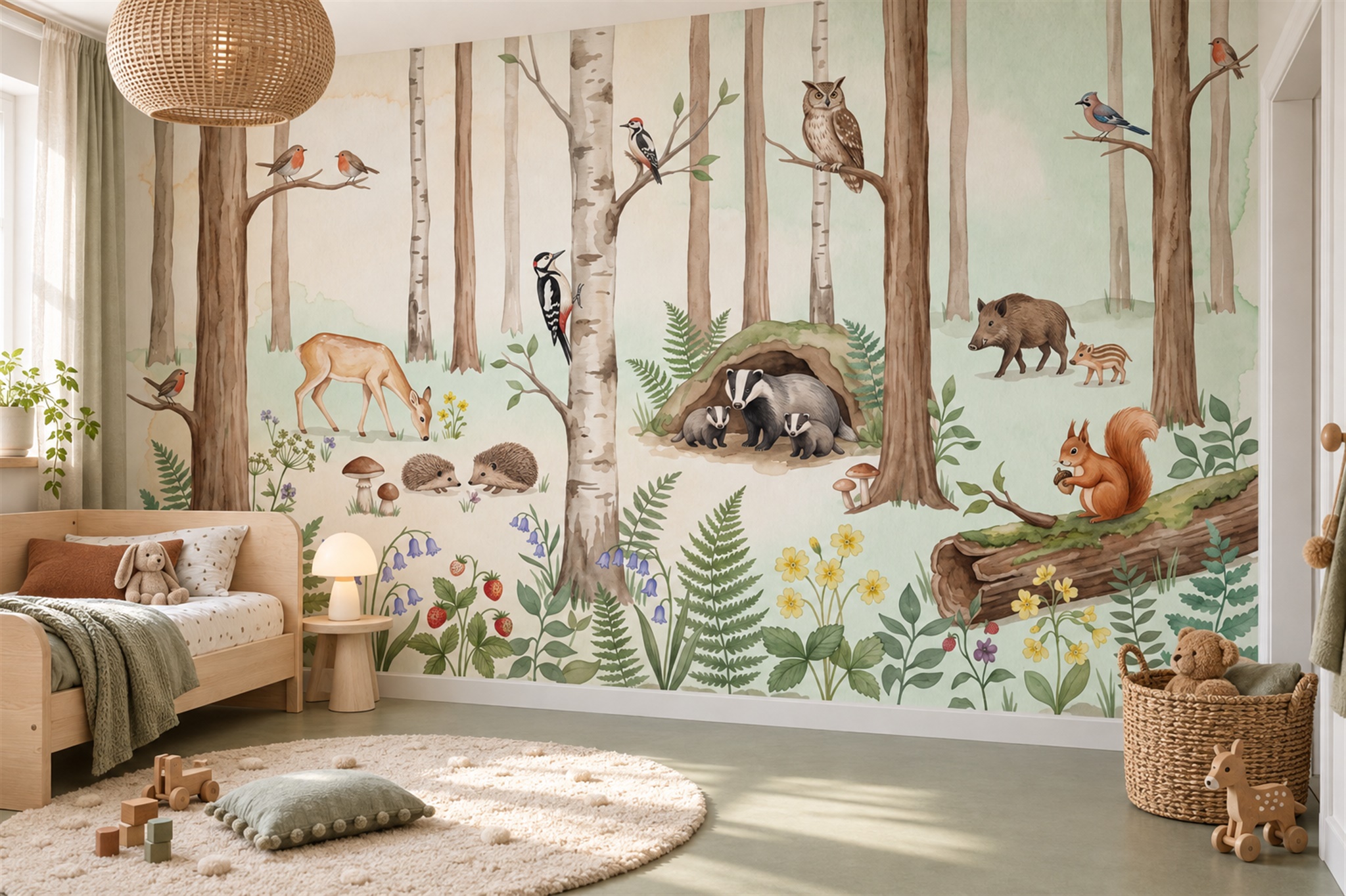 Sage Woodland Scenic Organic Wallpaper Mural Kids-room-wallpaper-murals, Peel-and-stick Finish