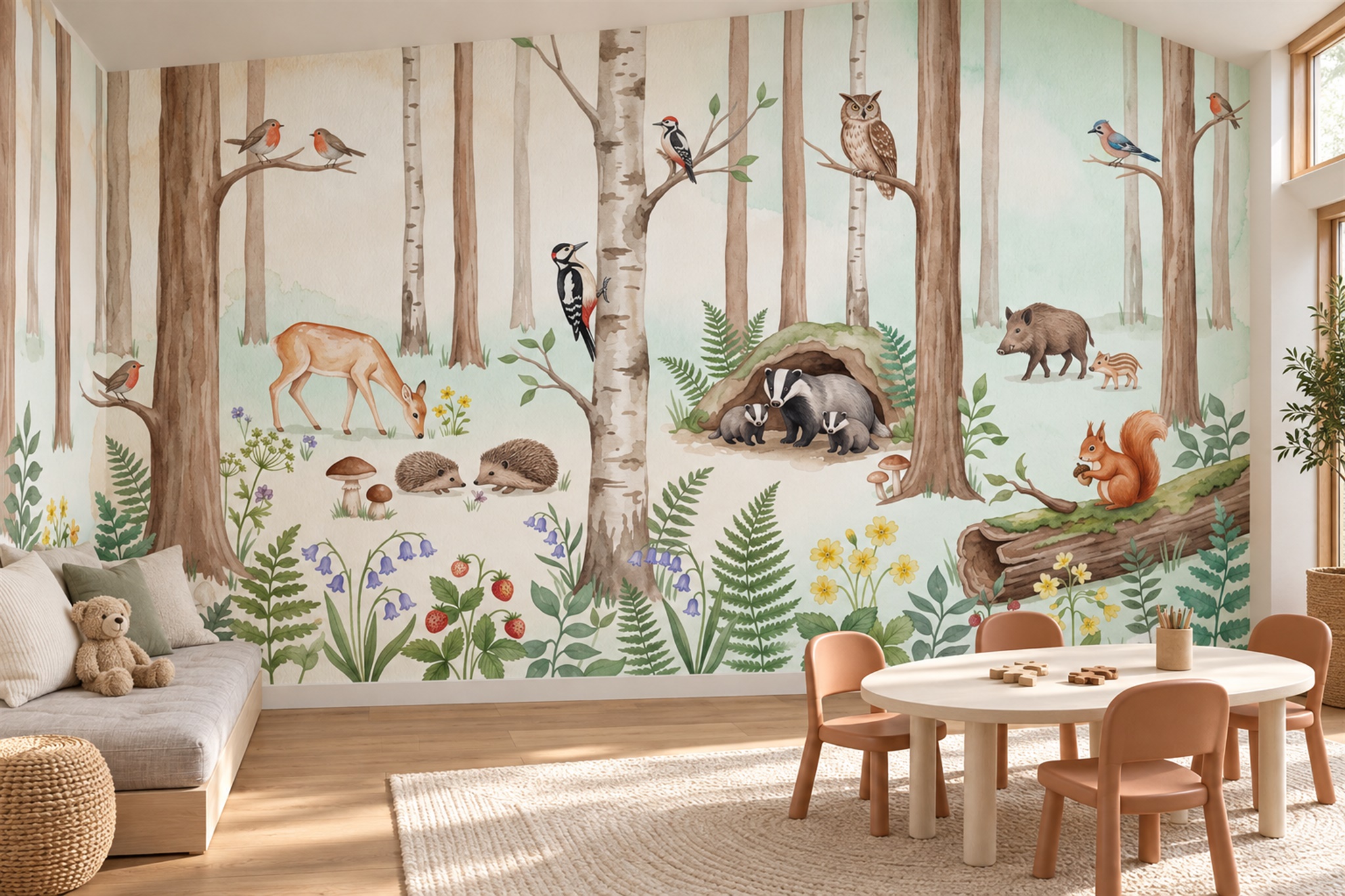 Woodland Animals In A Birch Forest Wallpaper Mural — Wallpaper Mural Design, Peel-and-stick Finish