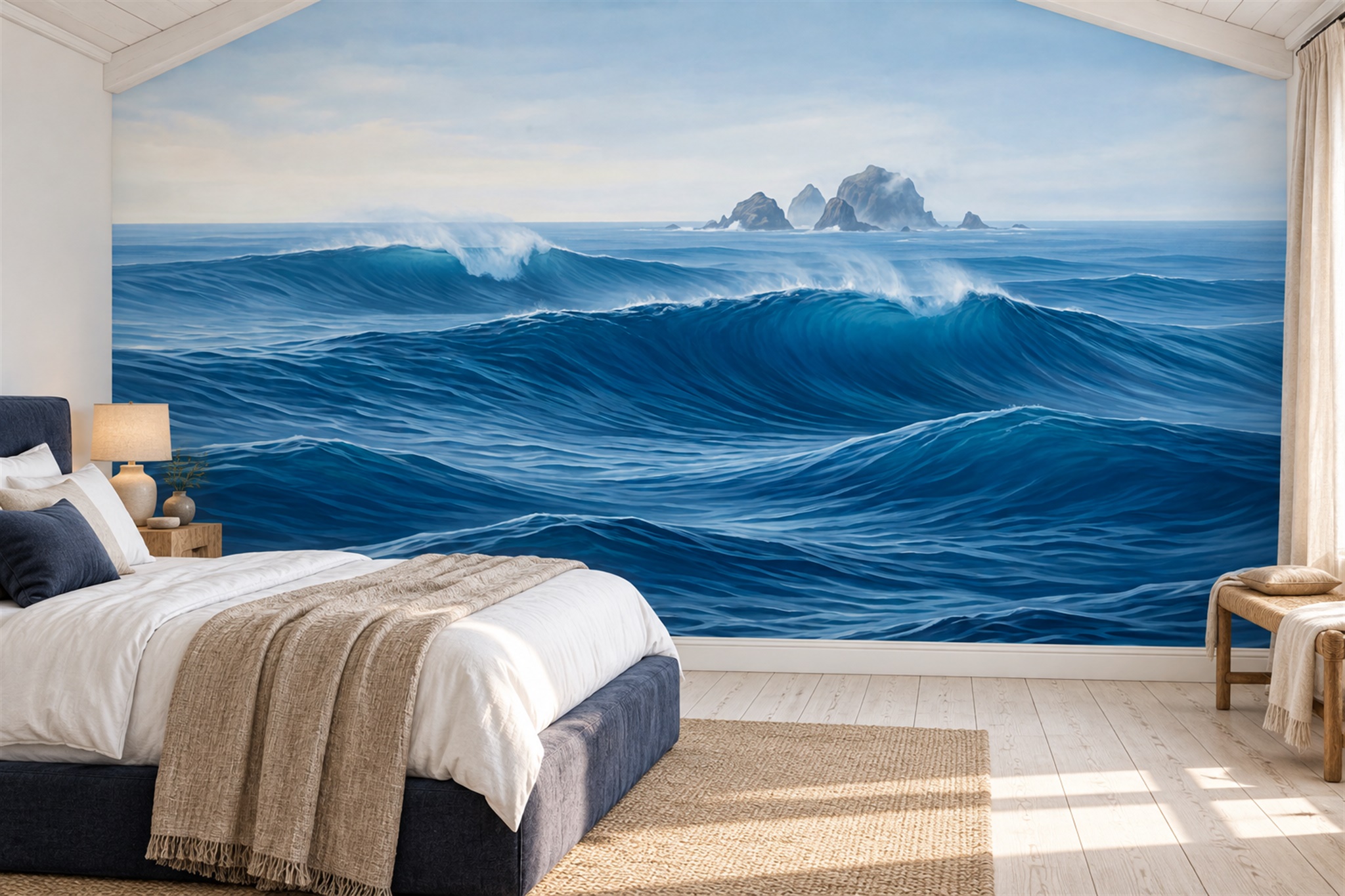 Blue Waves Artful Decorative Wallpaper Mural Bedroom-wallpaper-murals, Peel-and-stick Finish