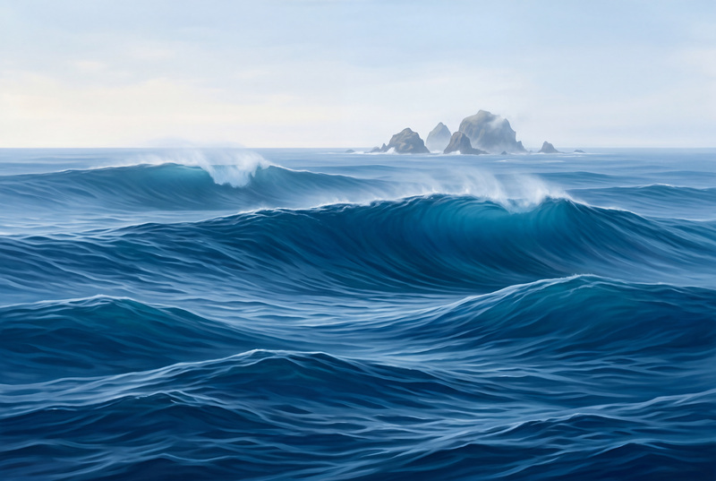 Blue Waves Artful Decorative Wallpaper Mural, Peel-and-stick Finish