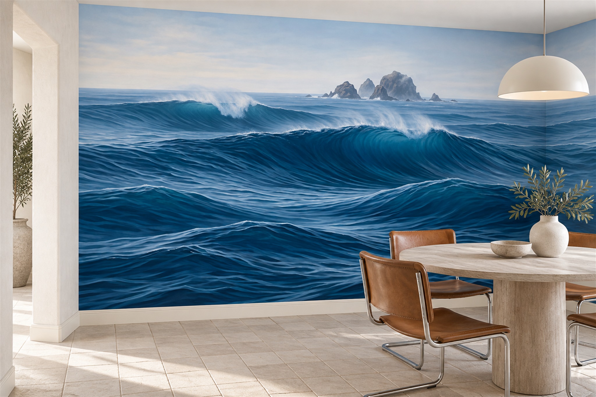 Blue Waves Artful Decorative Wallpaper Mural Living-room-wallpaper-murals, Peel-and-stick Finish