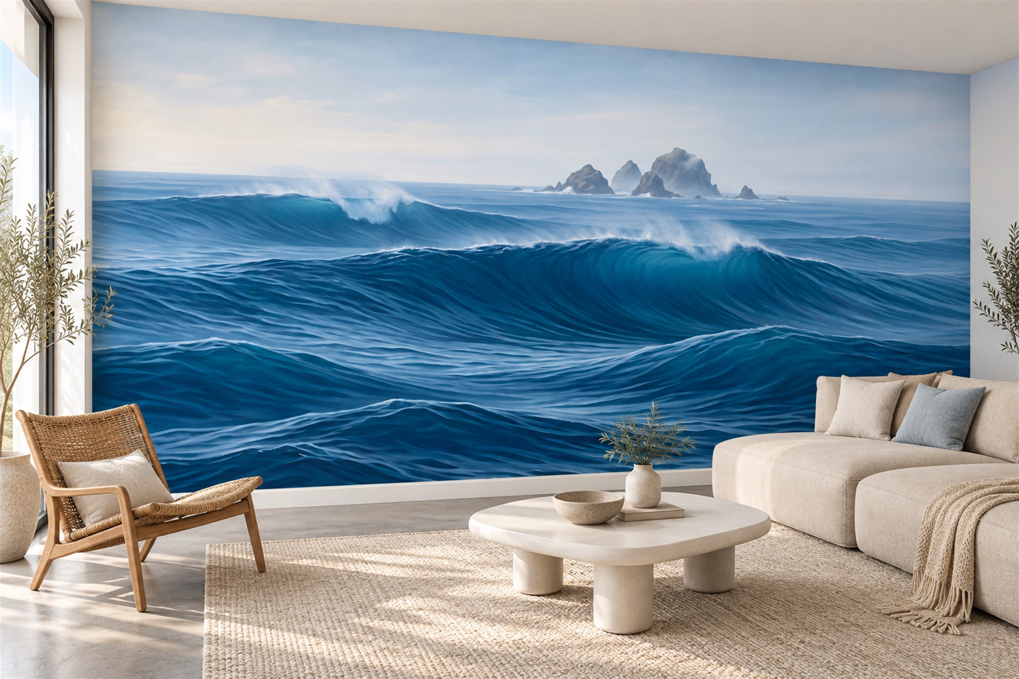 Deep Blue Ocean Waves And Distant Sea Stacks Wallpaper Mural — Wallpaper Mural Design, Peel-and-stick Finish