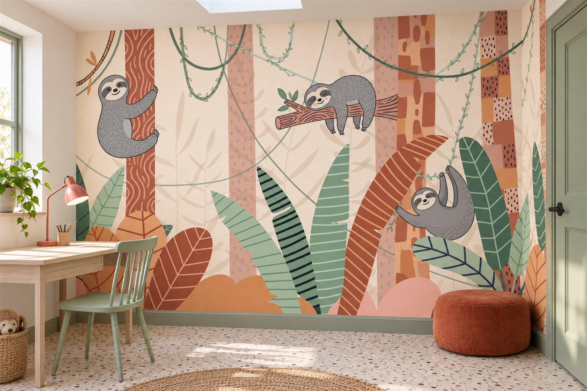 Playful Sloths Among Colourful Tropical Leaves Wallpaper Mural — Wallpaper Mural Design, Peel-and-stick Finish