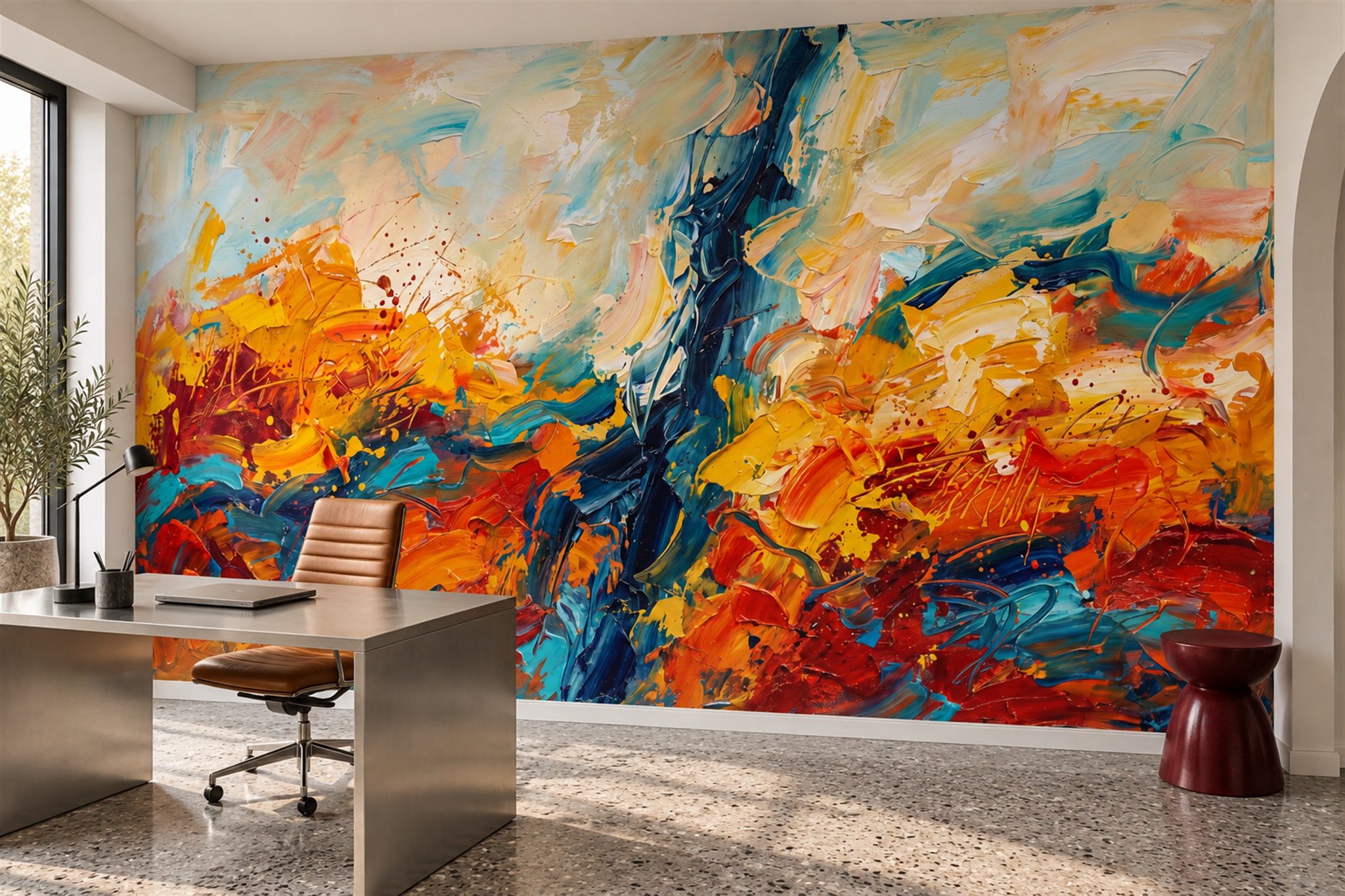 Orange Brushstroke Artful Wallpaper Mural Home-office-wallpaper-murals, Peel-and-stick Finish