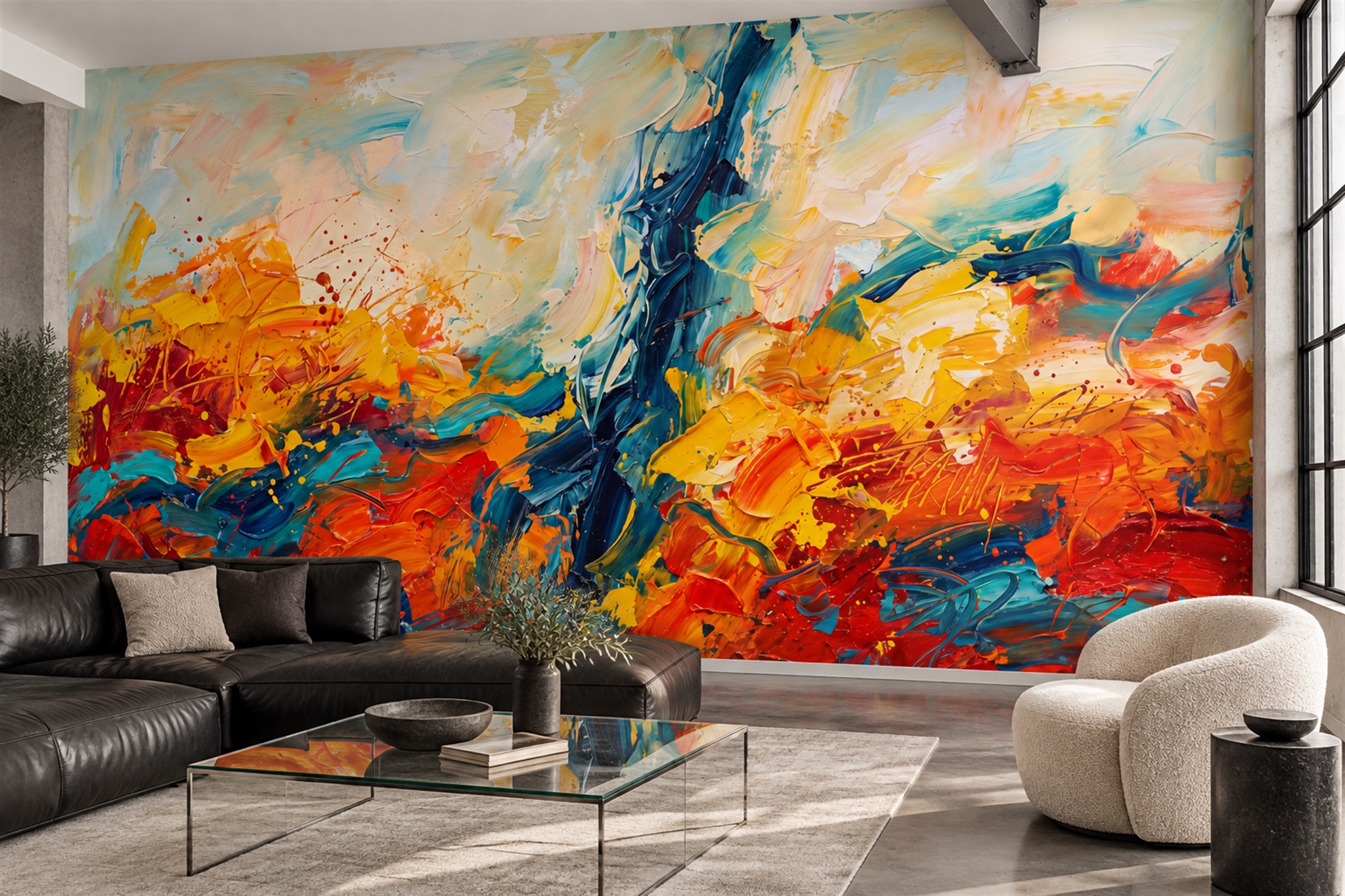 Orange Brushstroke Artful Wallpaper Mural Accent-wall-wallpaper-murals, Peel-and-stick Finish