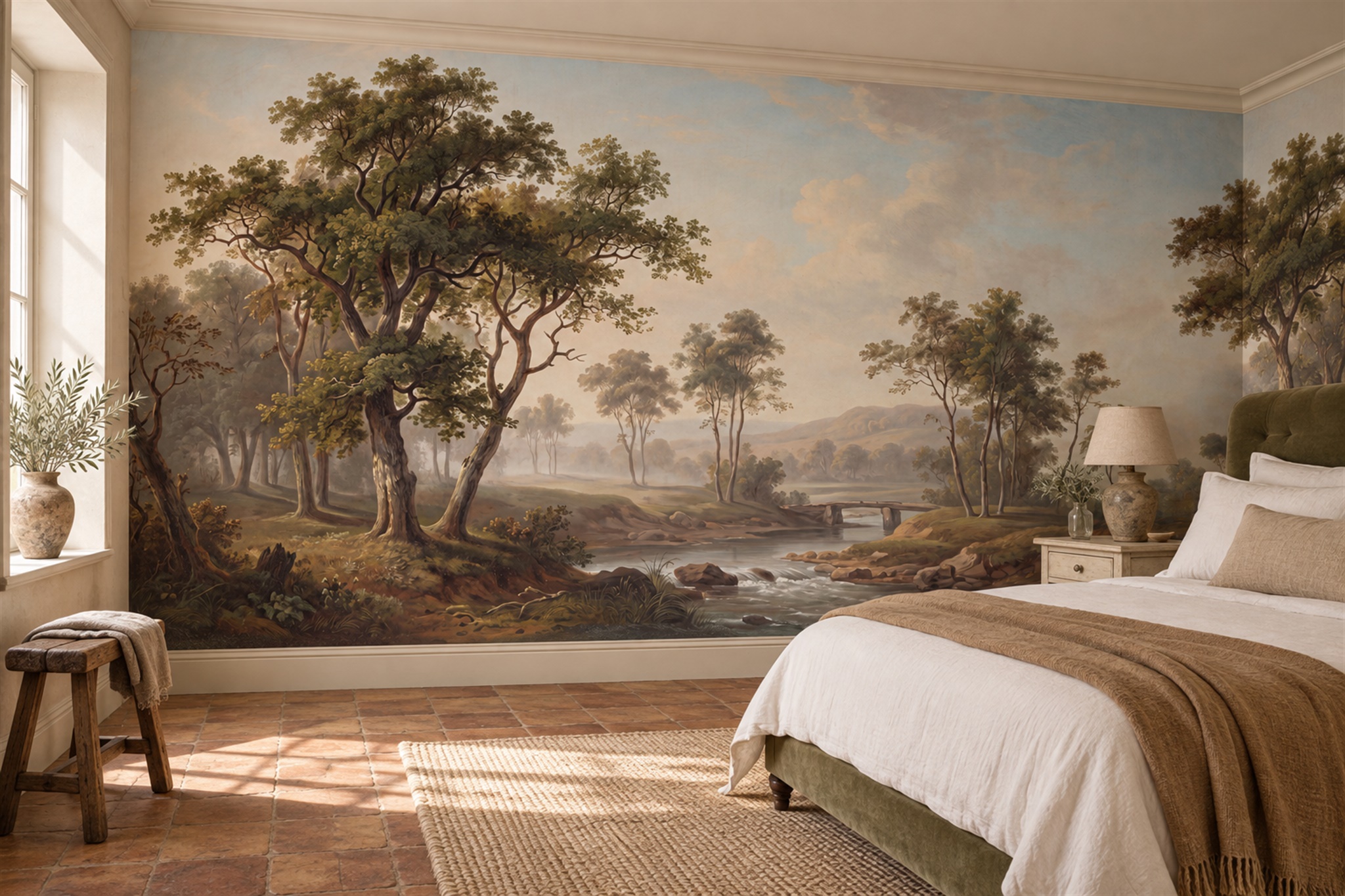Misty River And Oak Woodland At Sunrise Wallpaper Mural — Installed Wallpaper Mural In A Bedroom, Peel-and-stick Finish