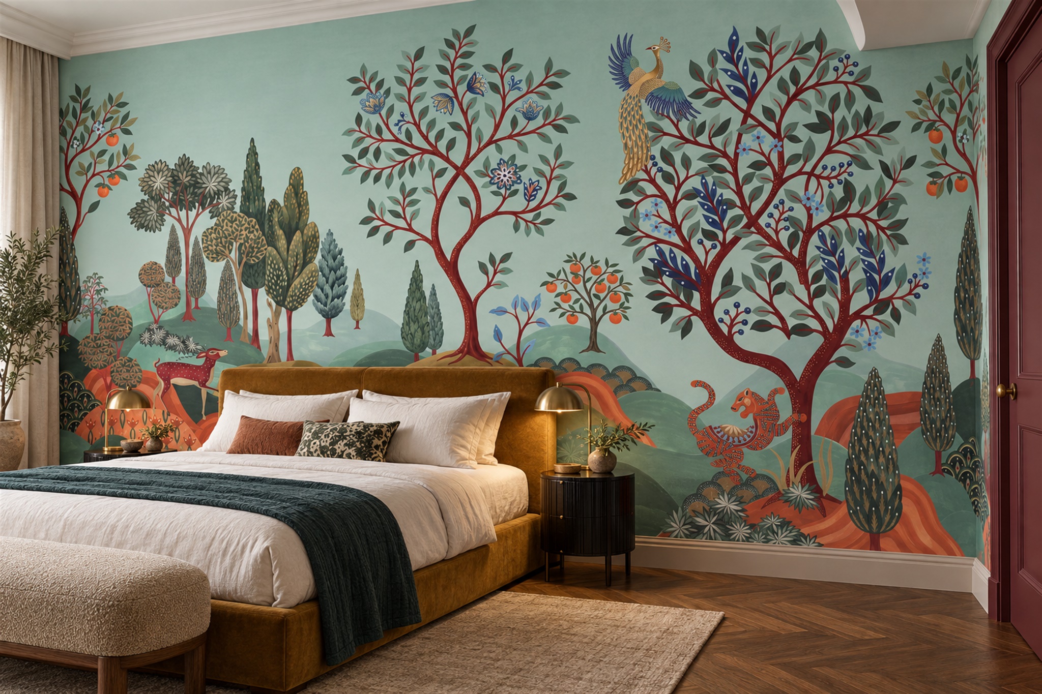 Aqua Pattern Decorative Illustrated Wallpaper Mural Bedroom-wallpaper-murals, Peel-and-stick Finish
