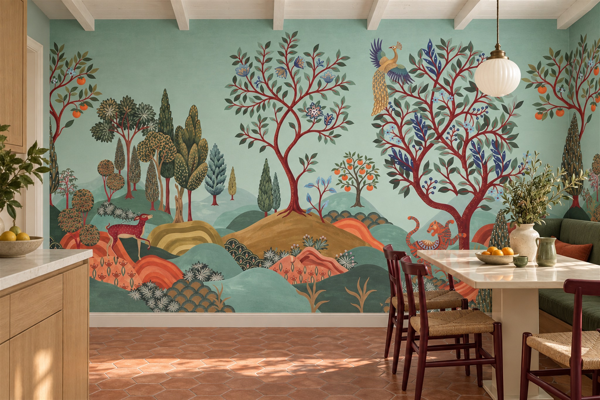 Aqua Pattern Decorative Illustrated Wallpaper Mural Dining-room-wallpaper-murals, Peel-and-stick Finish