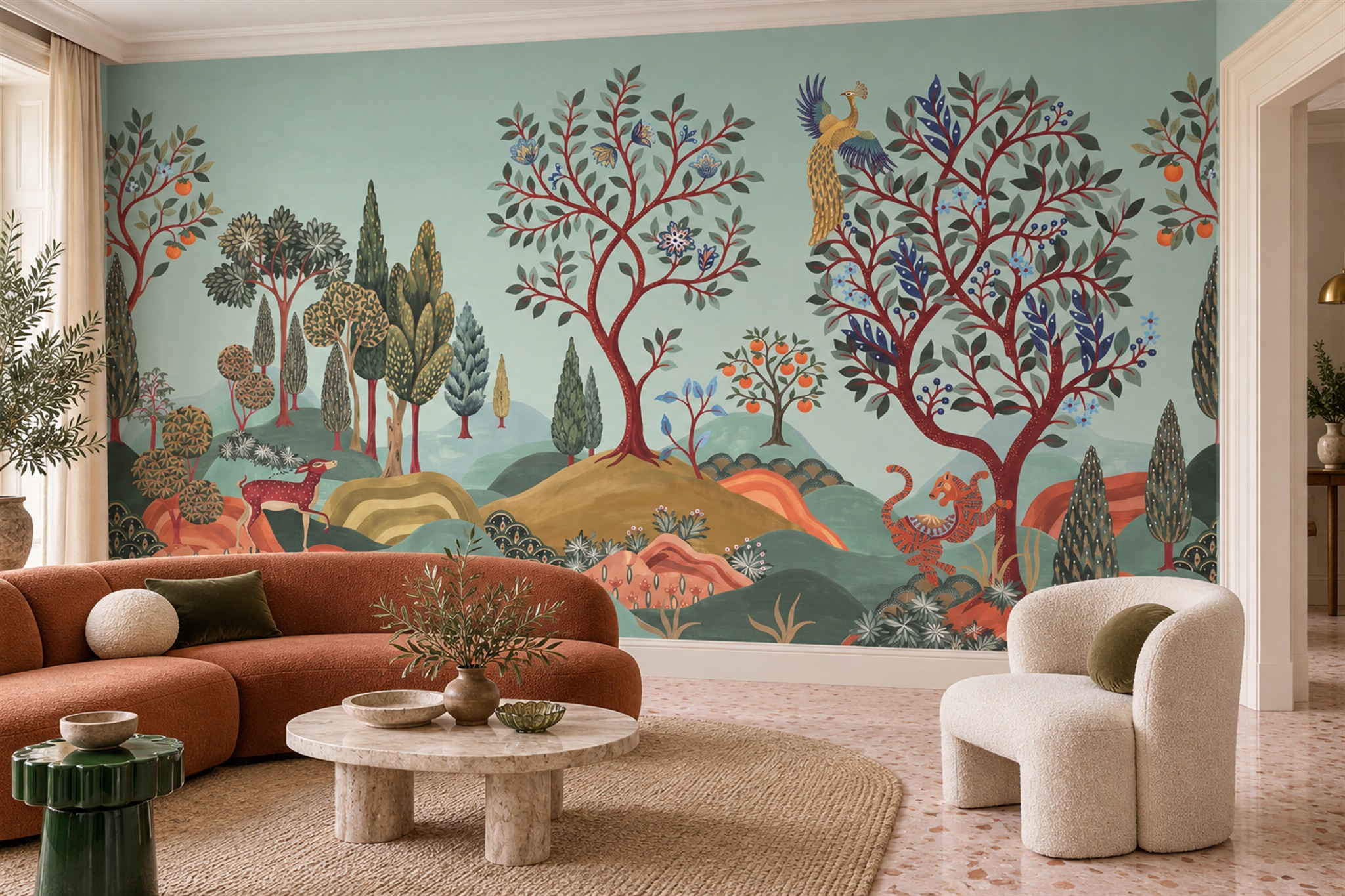 Folk Art Citrus Trees, Peacock And Spotted Animals Wallpaper Mural — Wallpaper Mural Design, Peel-and-stick Finish