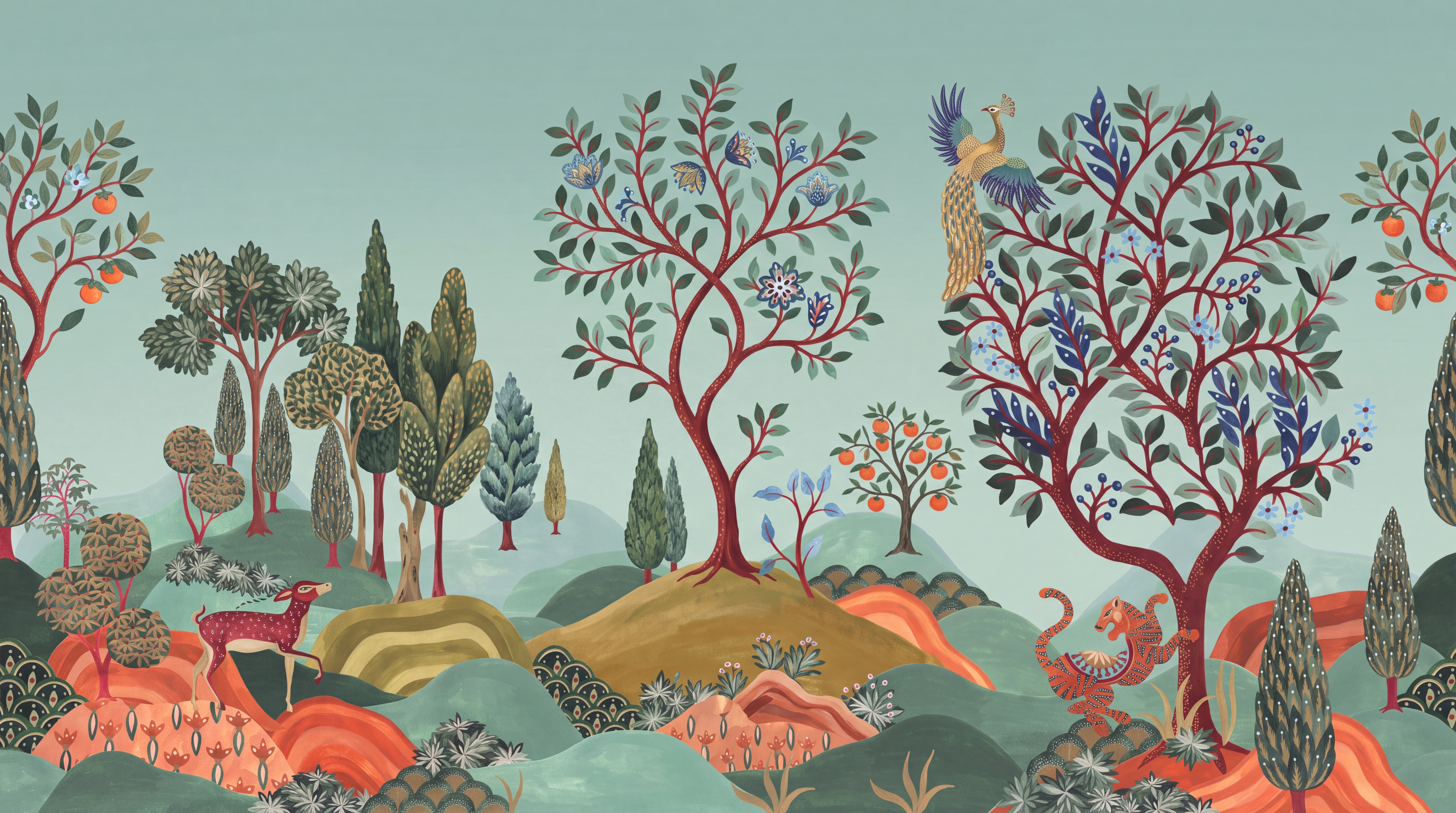 Aqua Pattern Decorative Illustrated Wallpaper Mural Accent-wall-wallpaper-murals, Peel-and-stick Finish