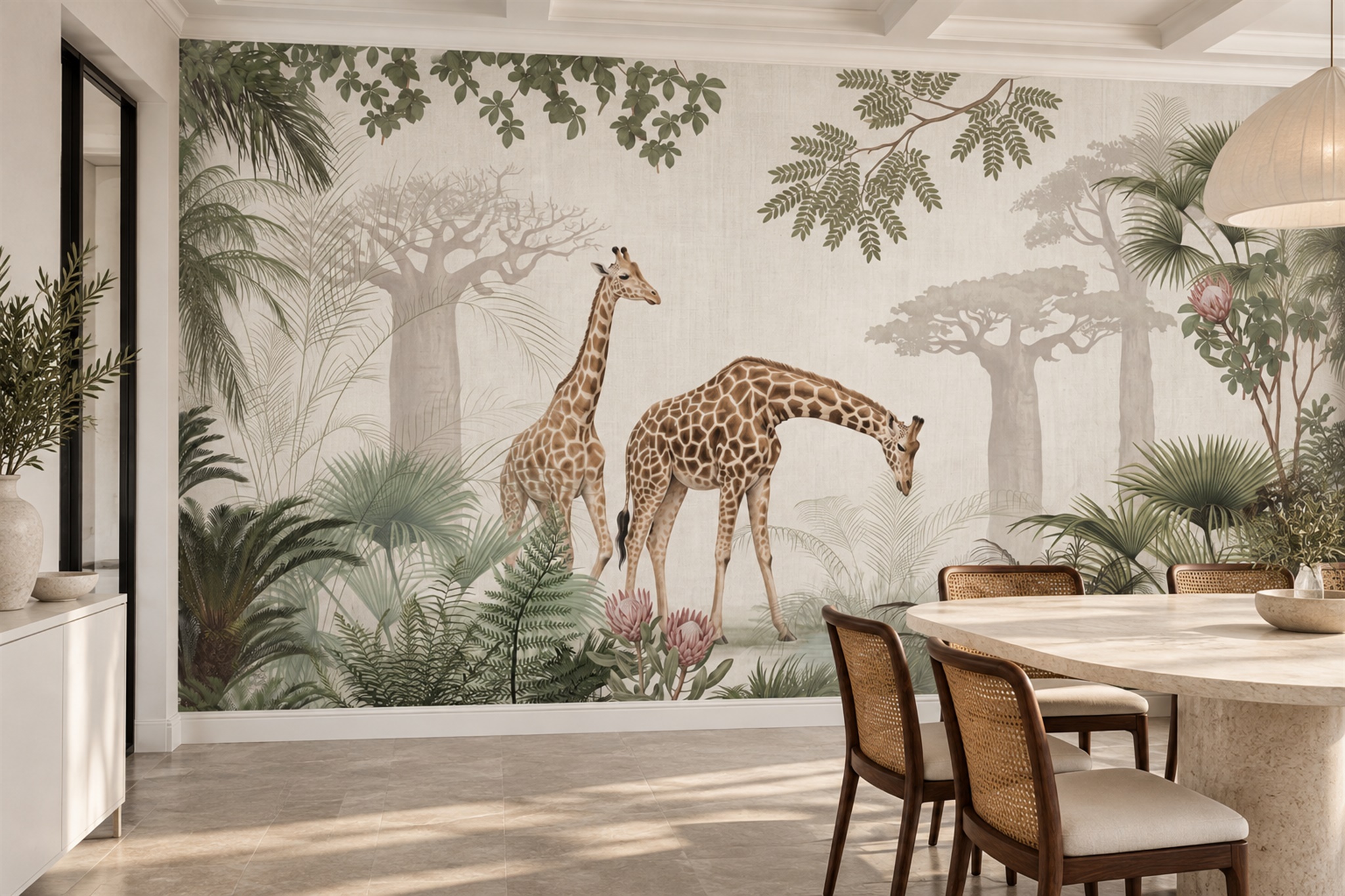 Beige Giraffe Wallpaper Mural, Shown In A Dining Room, Peel-and-stick Finish